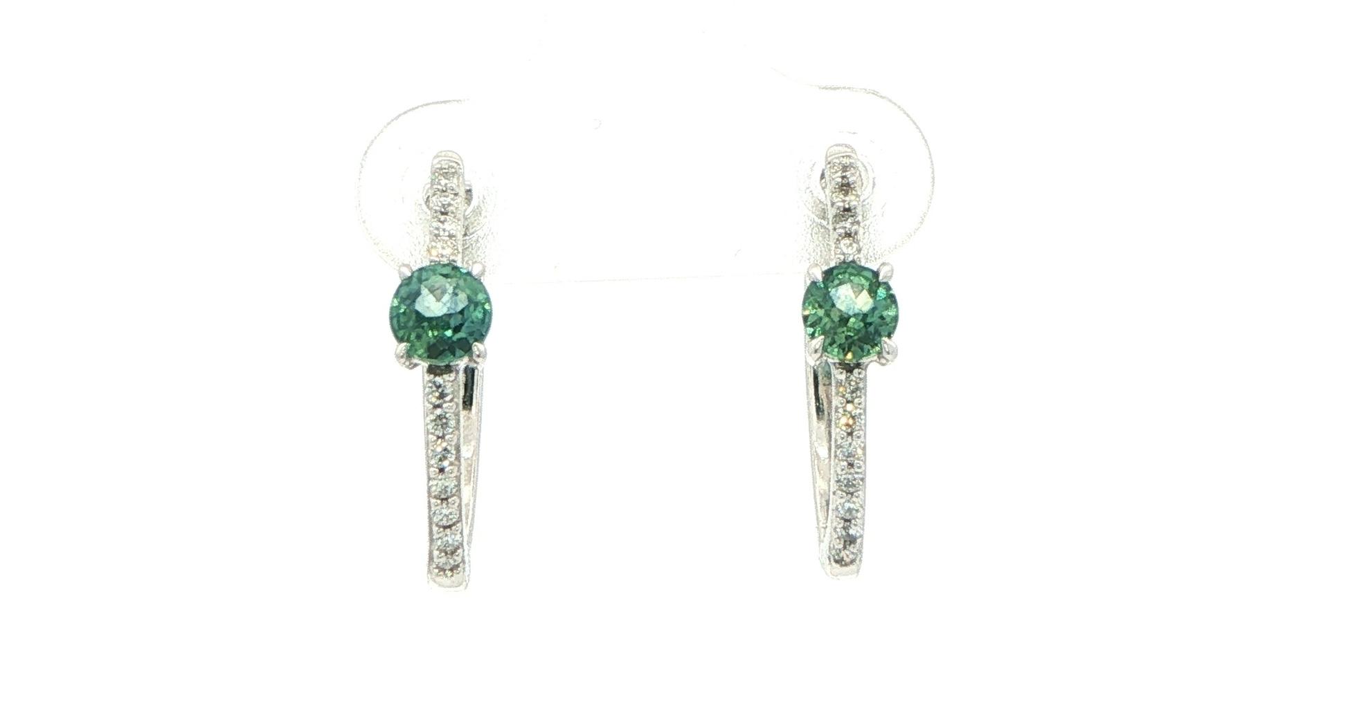 Teal Montana Sapphire and Diamond Hoop Earrings in White Gold (0.78cts TWT)