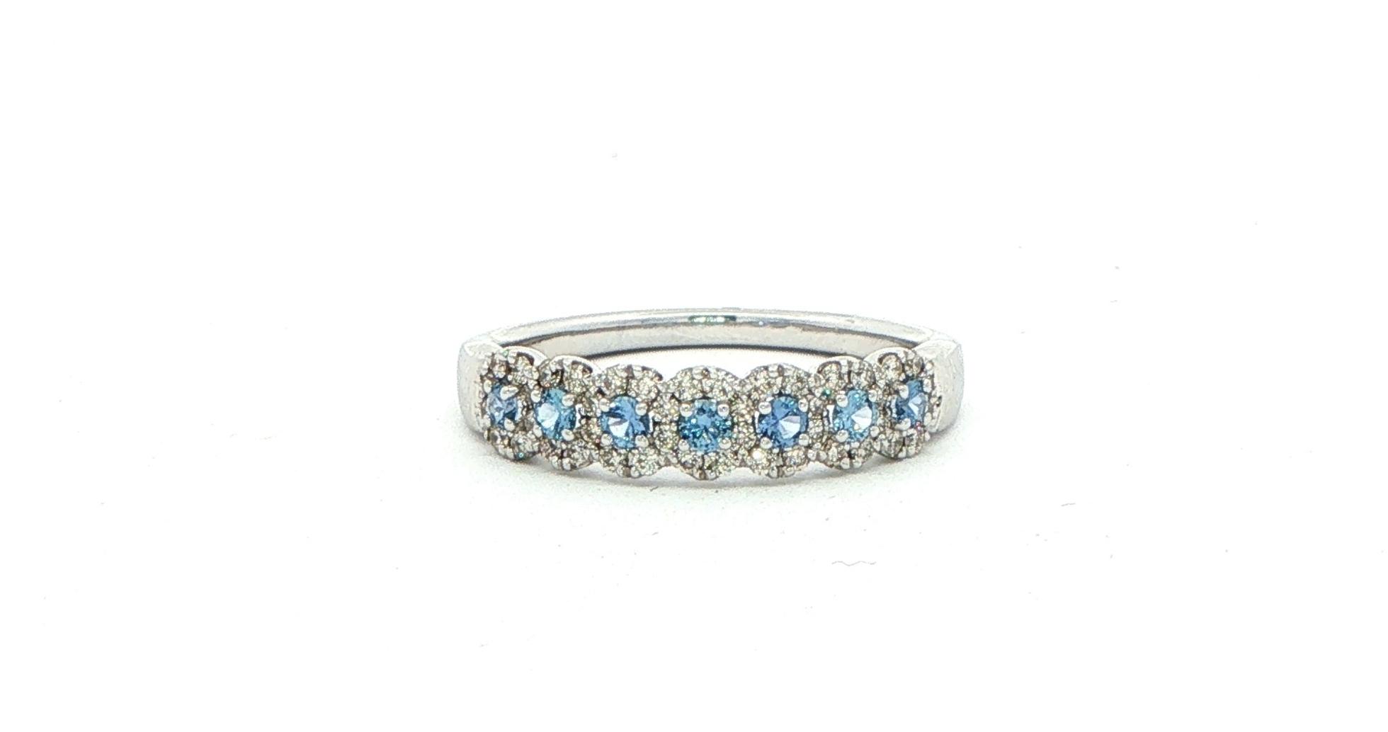 Montana Yogo Sapphire Scalloped Diamond Halo Band Ring in White Gold (0.50cts TWT)