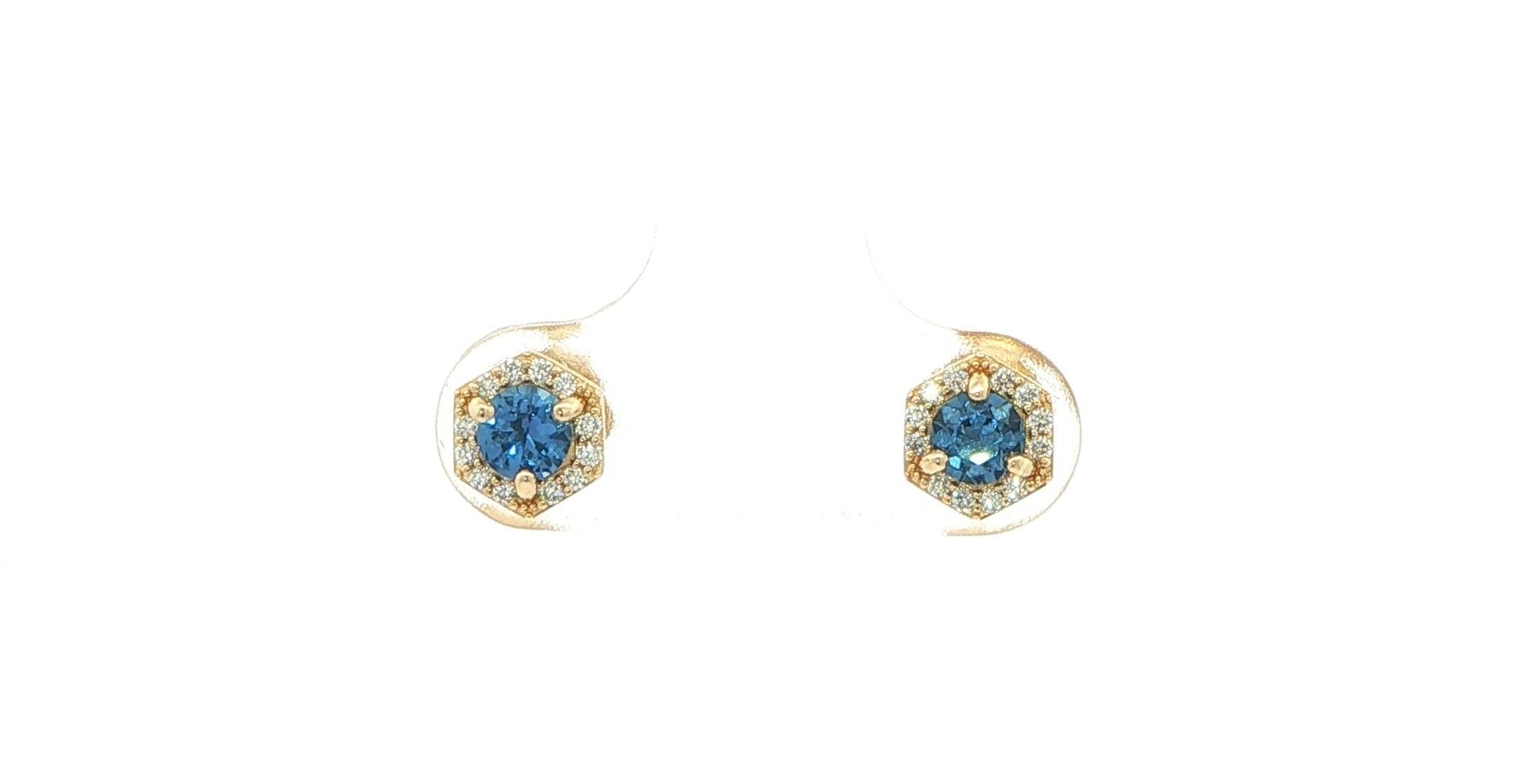Montana Yogo Sapphire and Diamond Hexagon Halo Stud Earrings Yellow Gold (0.48cts TWT)