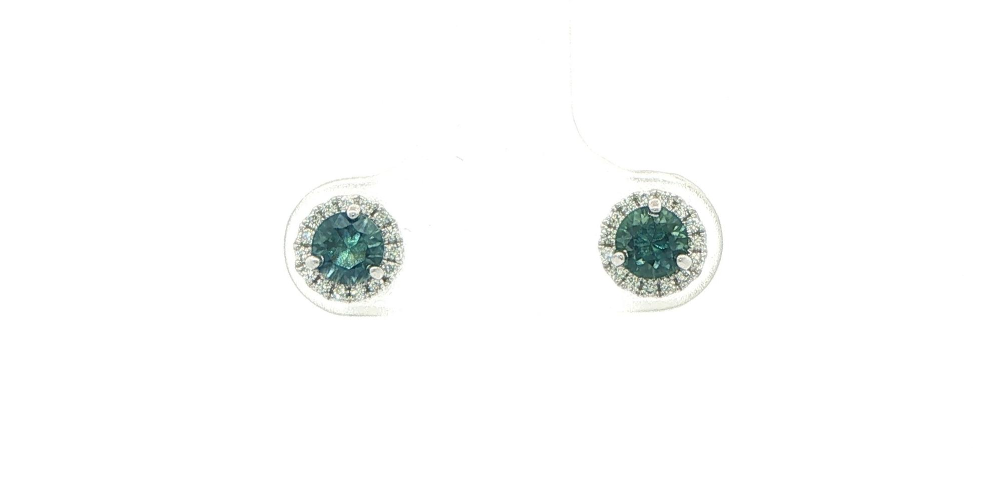 Peacock Blue Montana Sapphire and Diamond Halo Stud Earrings in White Gold (0.76cts TWT)