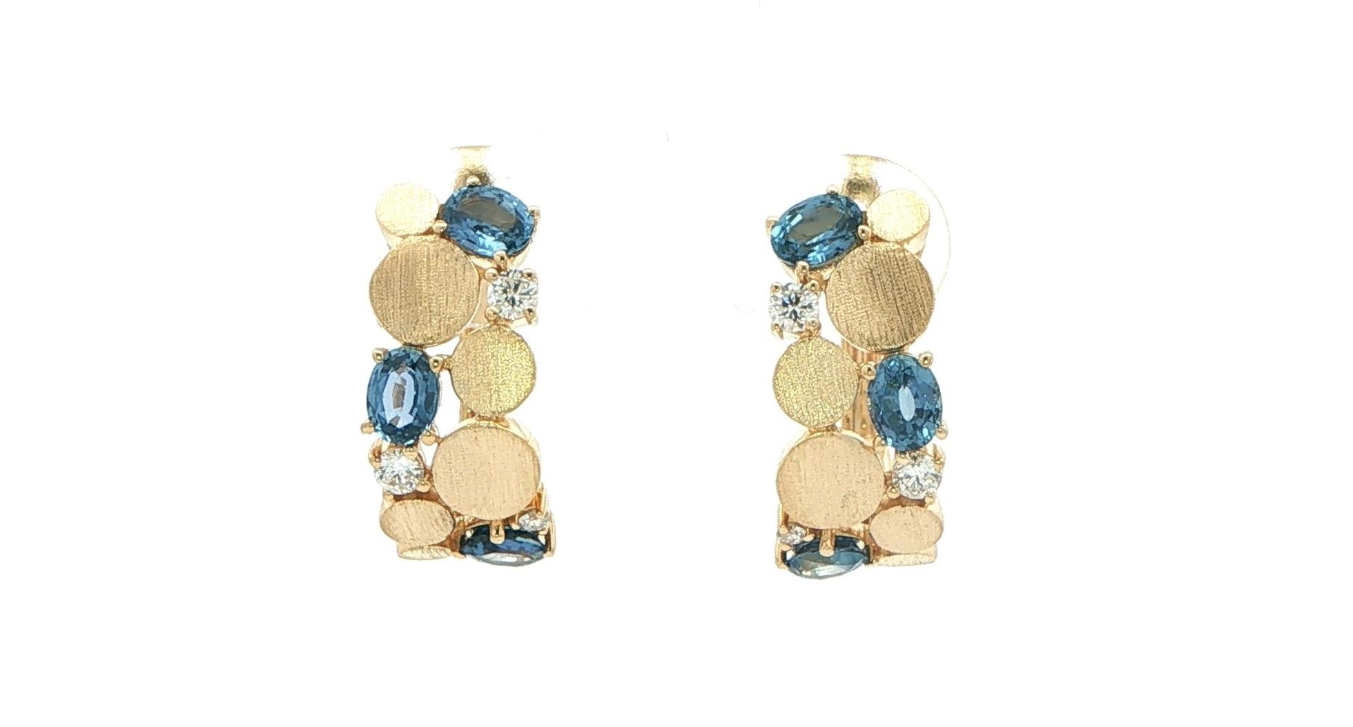 Textured Disc and Montana Yogo Sapphire and Diamond Hoop Earrings in Yellow Gold (1.34cts TWT)
