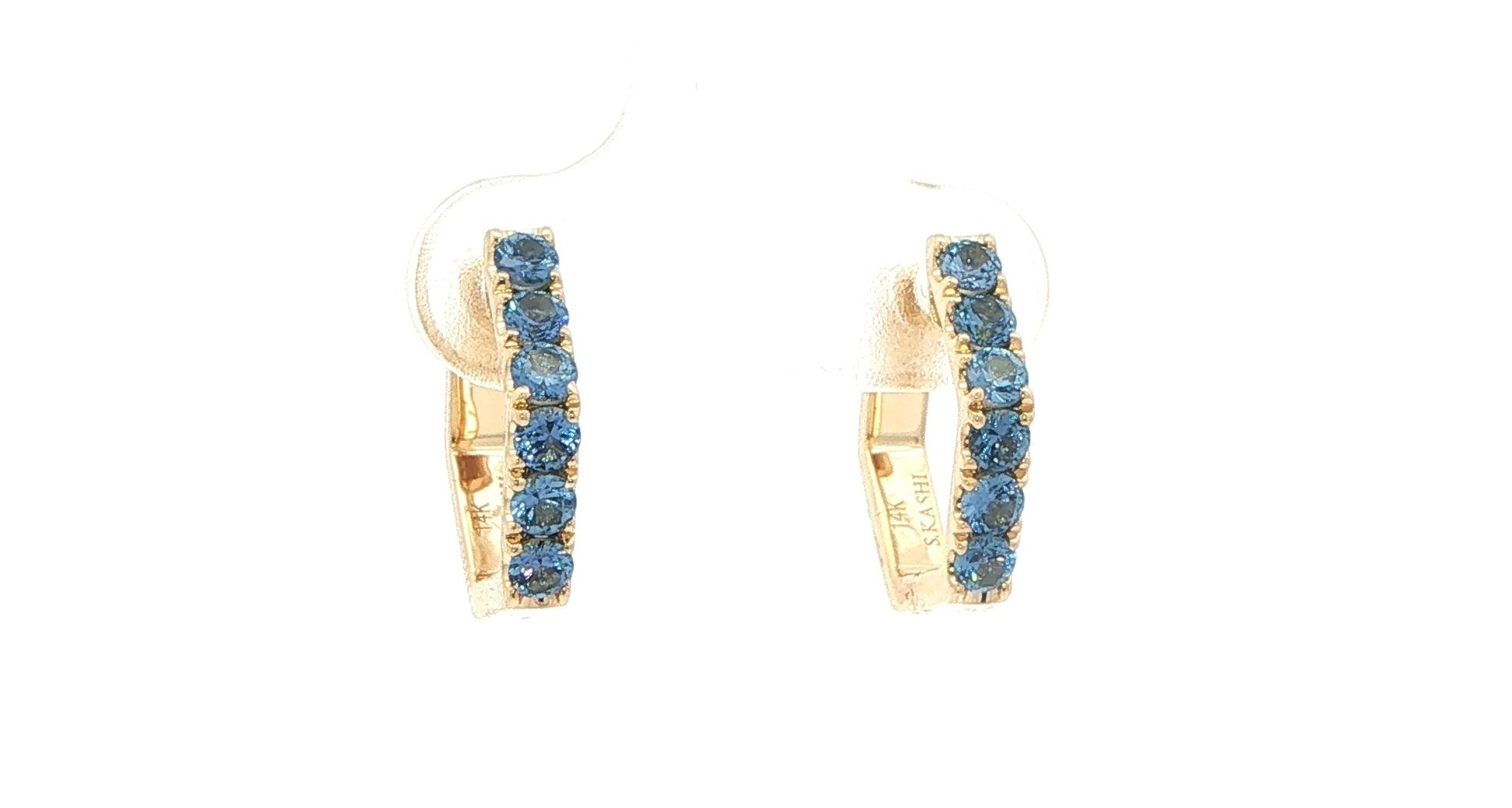 Montana Yogo Sapphire Hexagon Hoop Earrings in Yellow Gold (0.79cts TWT) angled