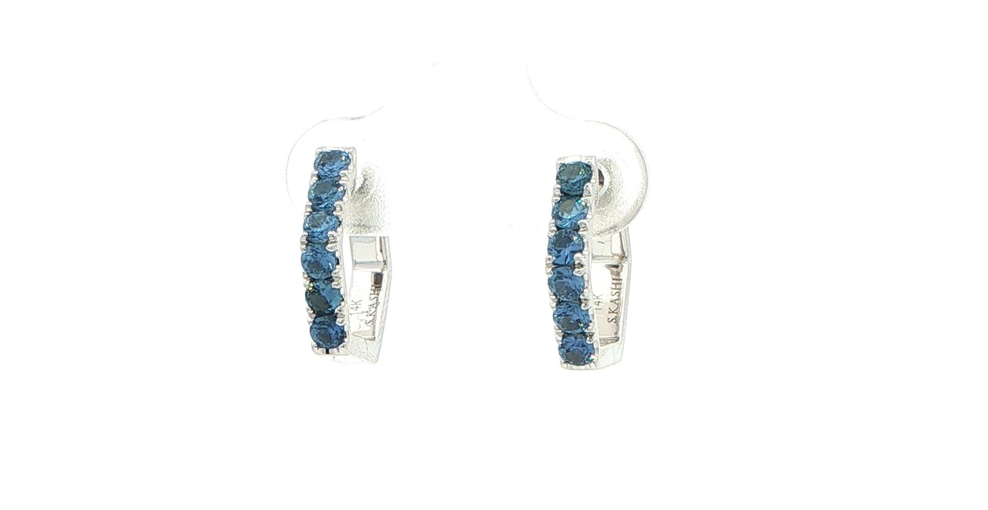 Montana Yogo Sapphire Hexagon Hoop Earrings in White Gold (0.80cts TWT) angled