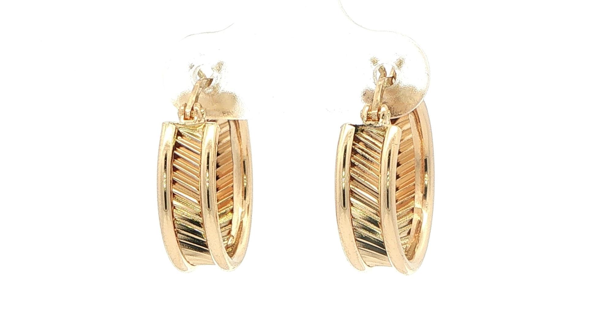 Estate Piece: 3-Row Hoop Earrings with Texture in Center in Yellow Gold angled