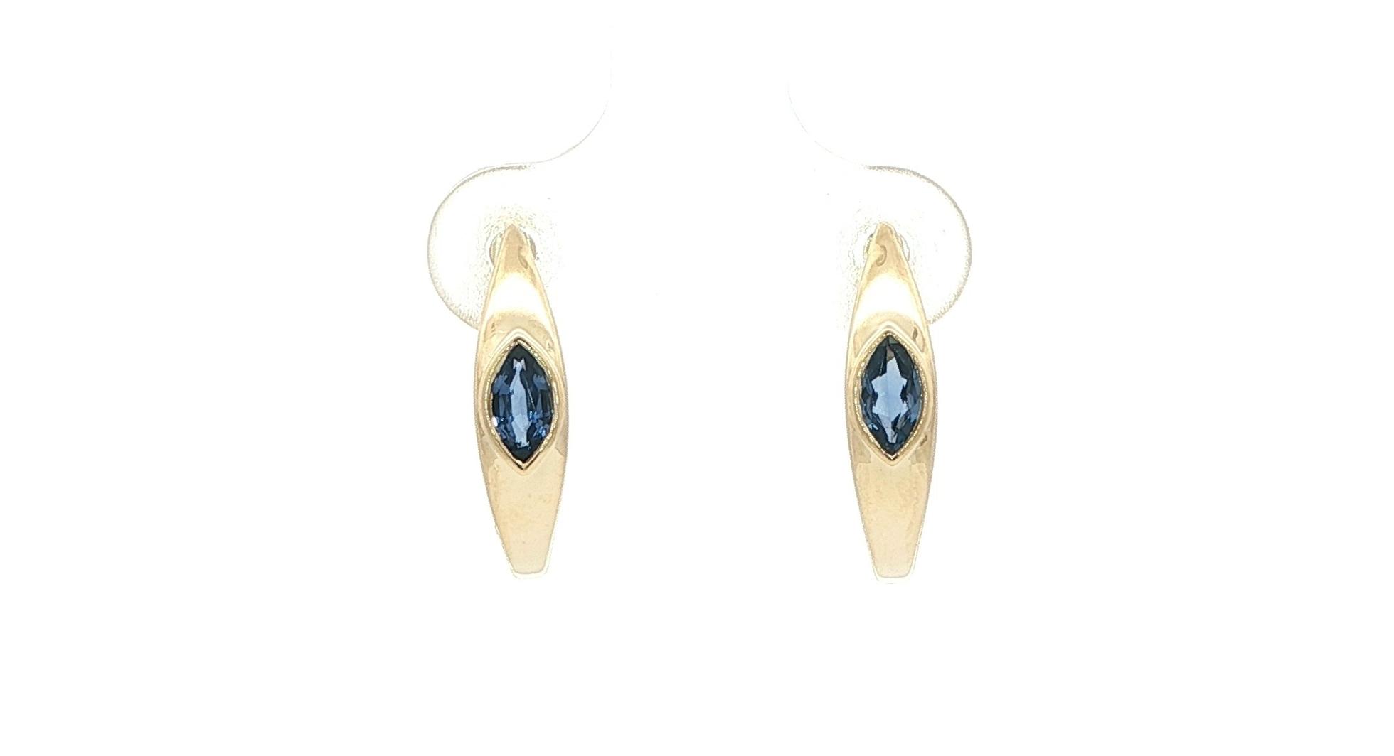 Bezel-set Marquise-cut Montana Yogo Sapphire Yellow Gold Hoop Earrings (0.329cts TWT)