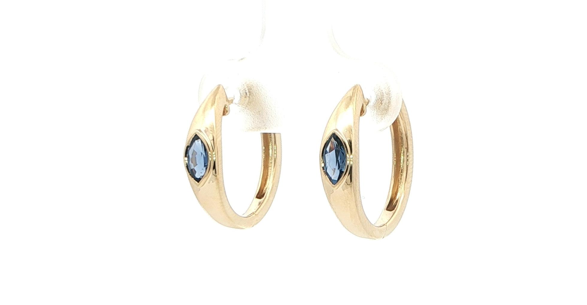 Bezel-set Marquise-cut Montana Yogo Sapphire Yellow Gold Hoop Earrings (0.329cts TWT) angled