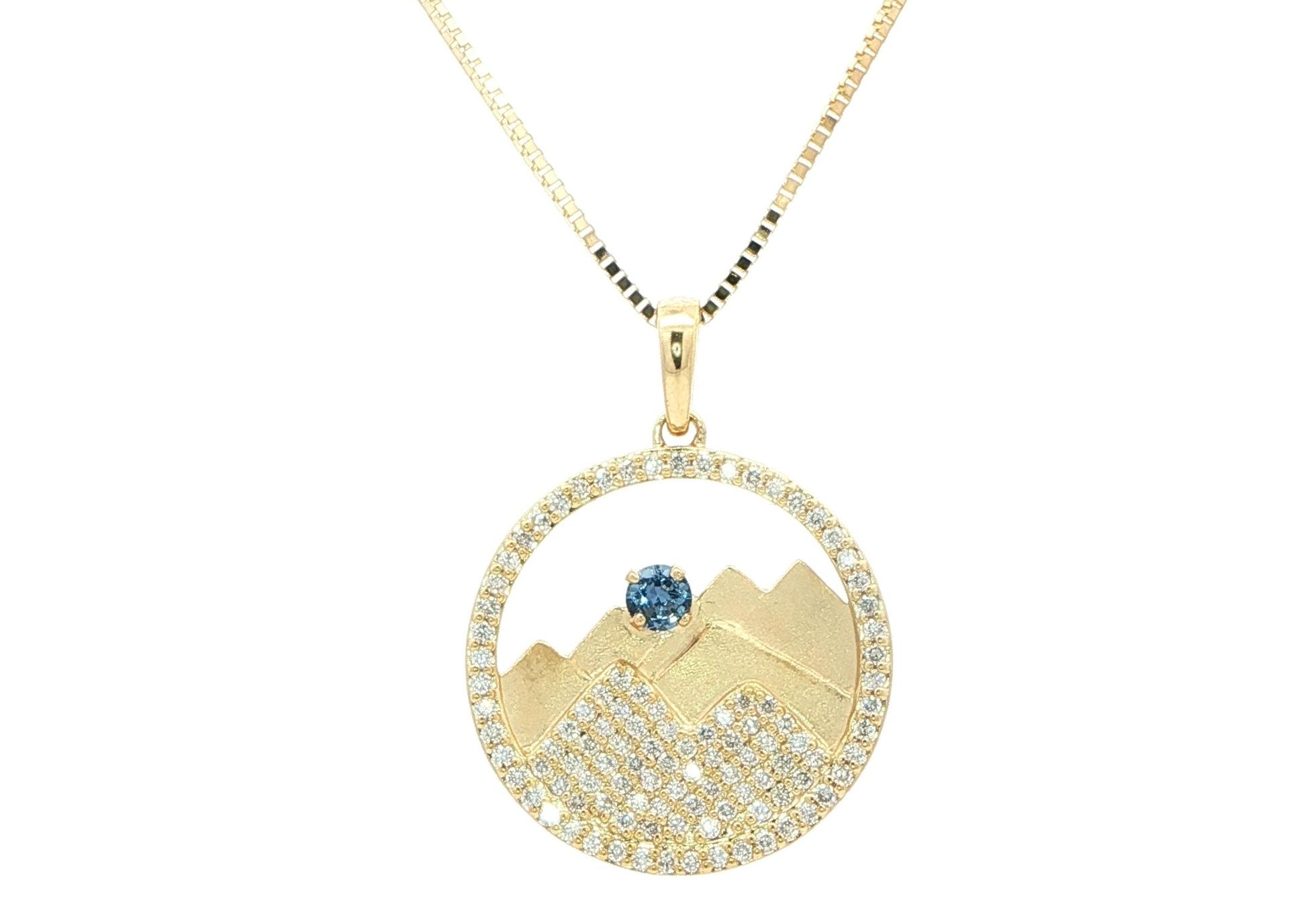 Circle Mountain Diamond Pave and Montana Yogo Sapphire Necklace in Yellow Gold (0.63cts TWT)