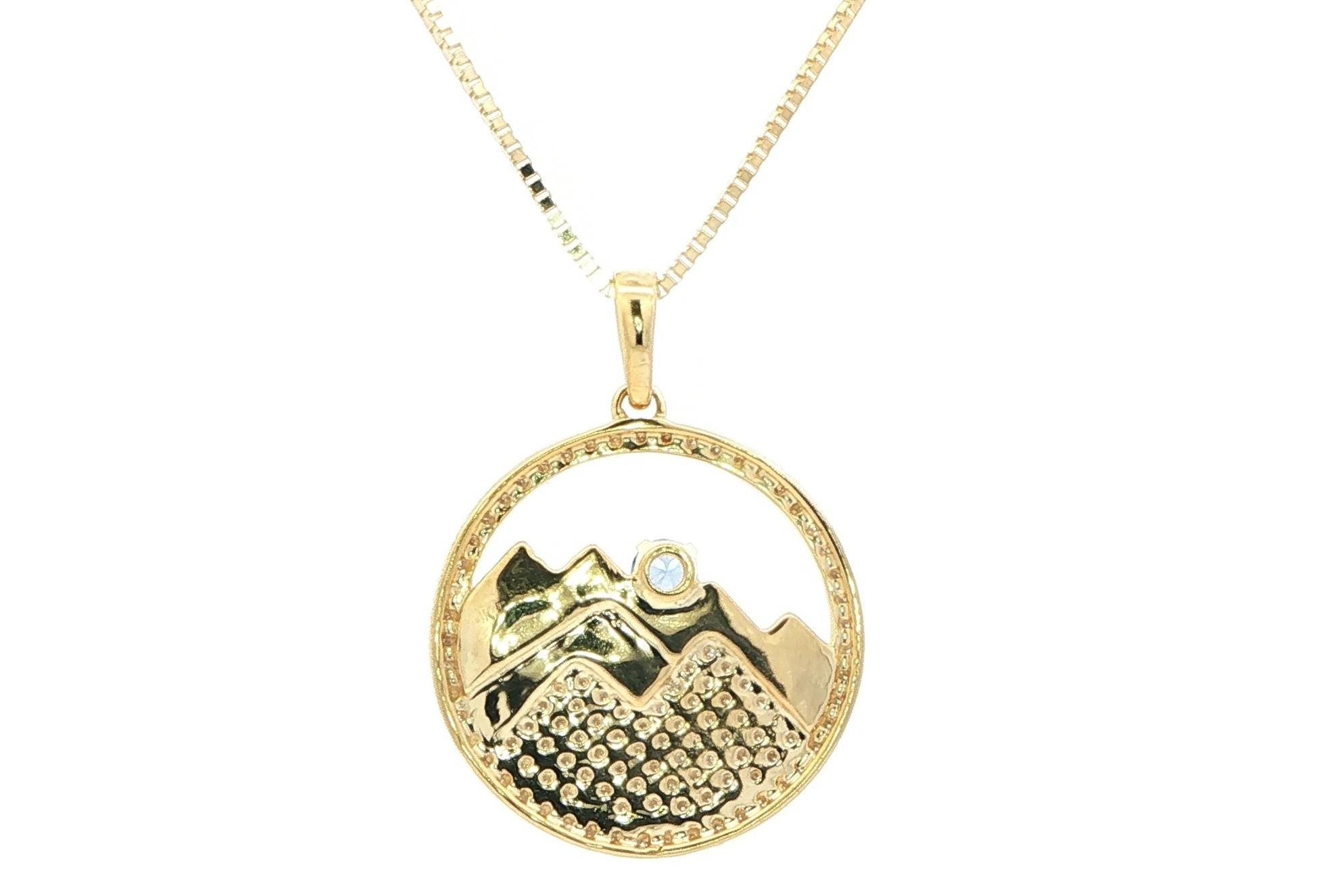 Circle Mountain Diamond Pave and Montana Yogo Sapphire Necklace in Yellow Gold (0.63cts TWT) back