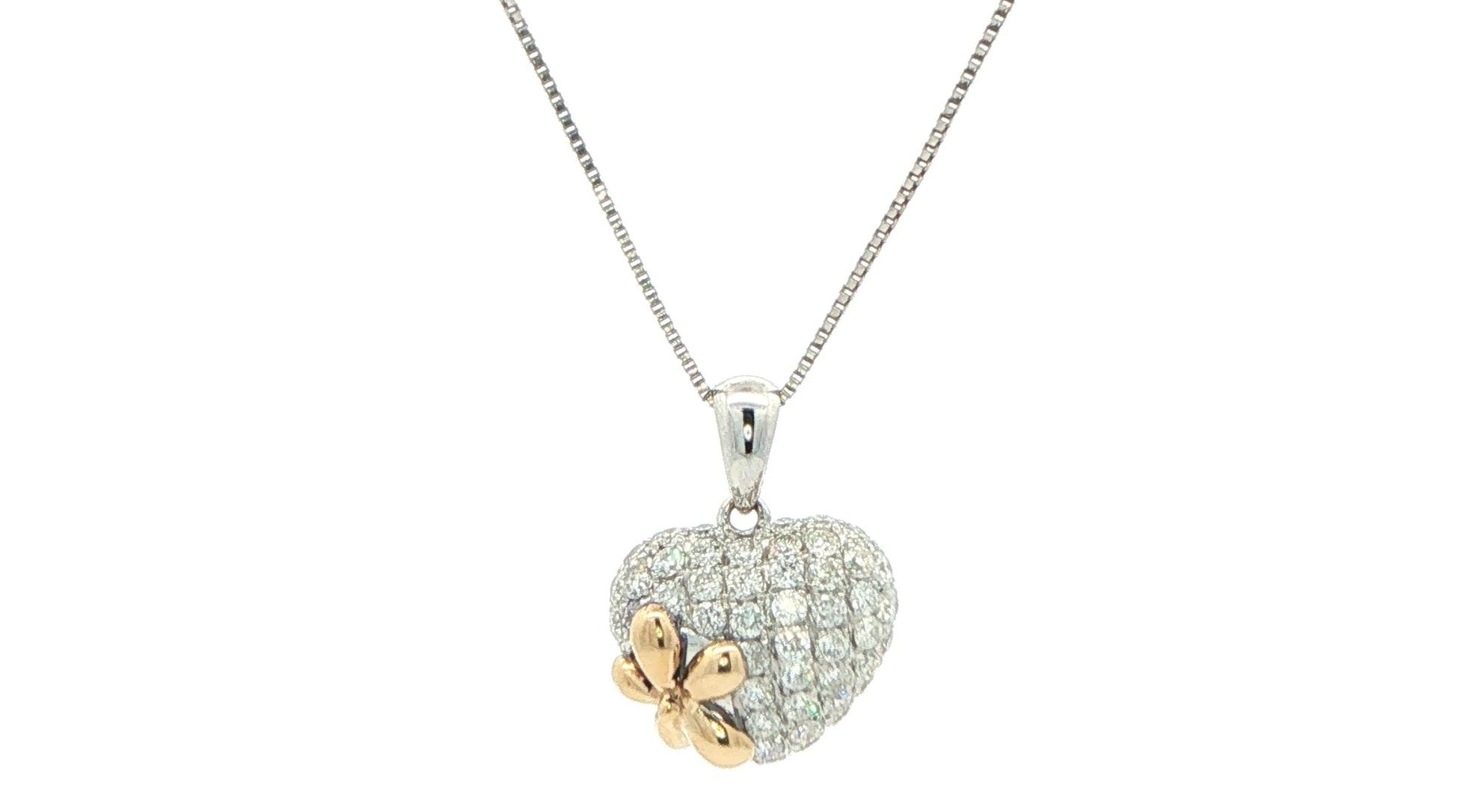Estate Piece: Diamond Pave Heart Pendant with Flower Motif in White Gold and Yellow Gold (0.50cts TWT)