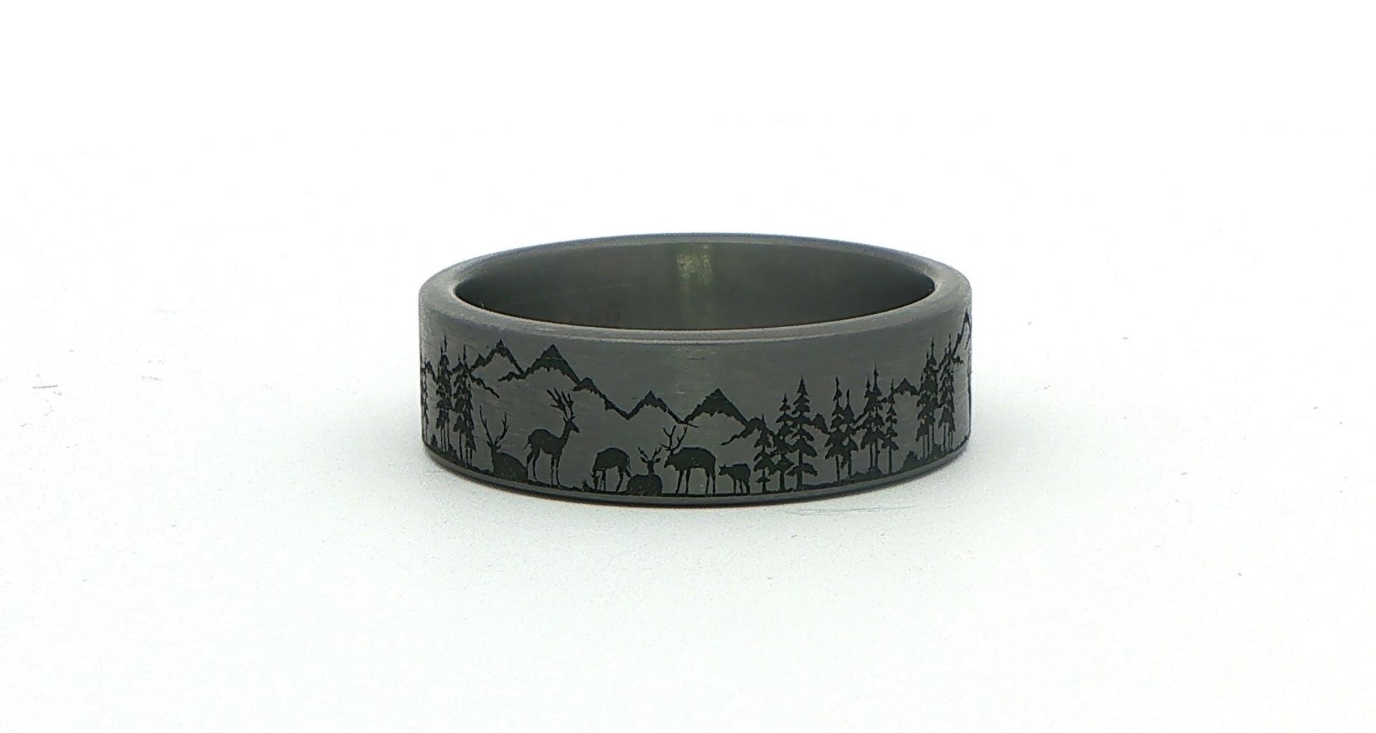 Flat Comfort Fit Band Ring with Engraved Wildlife Landscape in Grey Tantalum
