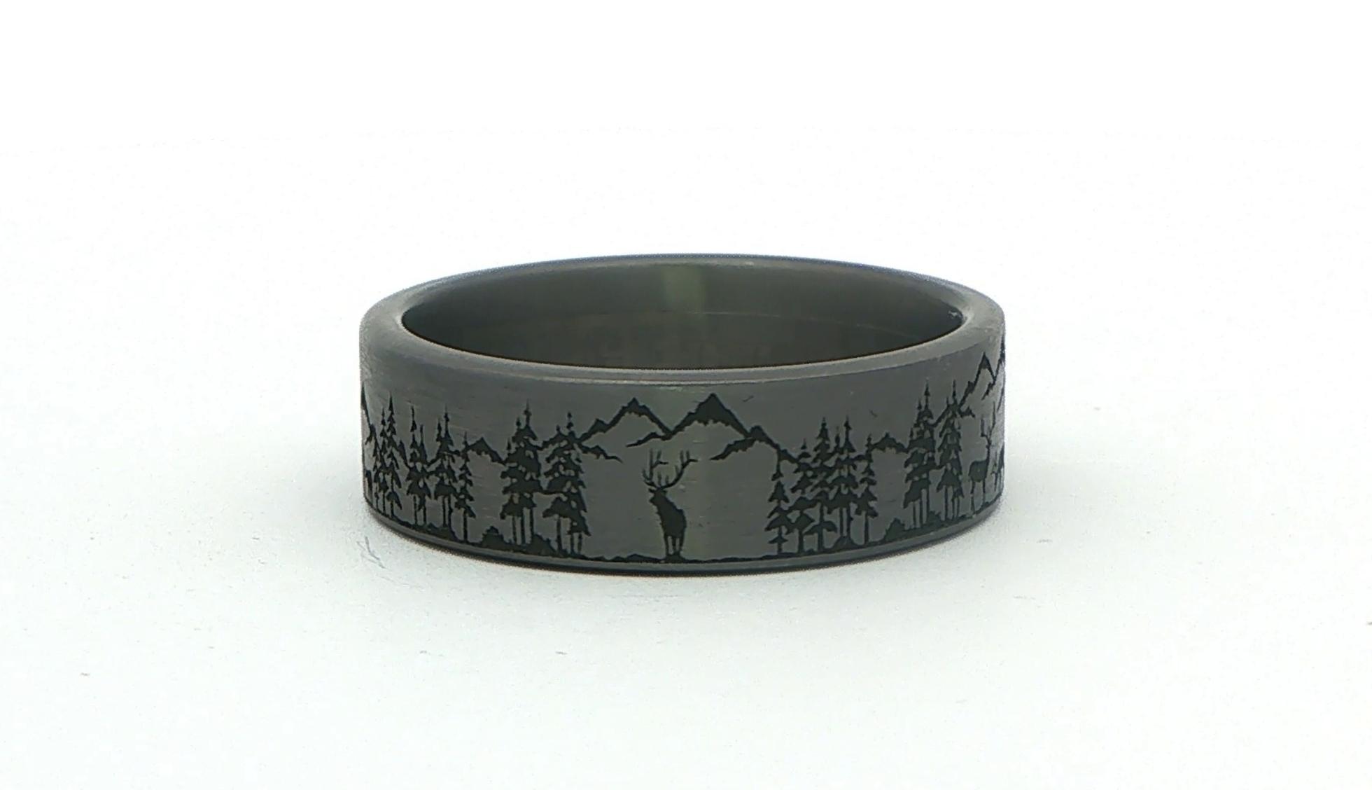Flat Comfort Fit Band Ring with Engraved Wildlife Landscape in Grey Tantalum side