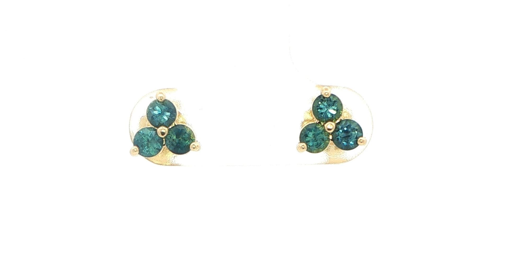 3-Stone Peacock Blue Montana Sapphire Cluster Stud Earrings in Yellow Gold (0.79cts TWT)