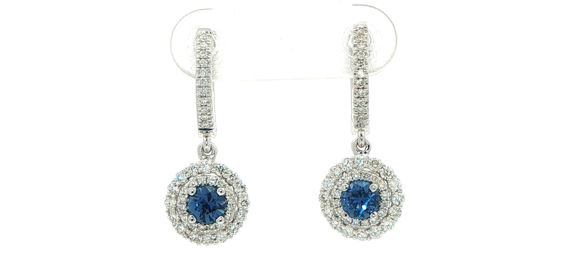 Estate Piece: Royal Blue Sapphire Double Halo Drop Earrings in White Gold (1.58cts TWT)