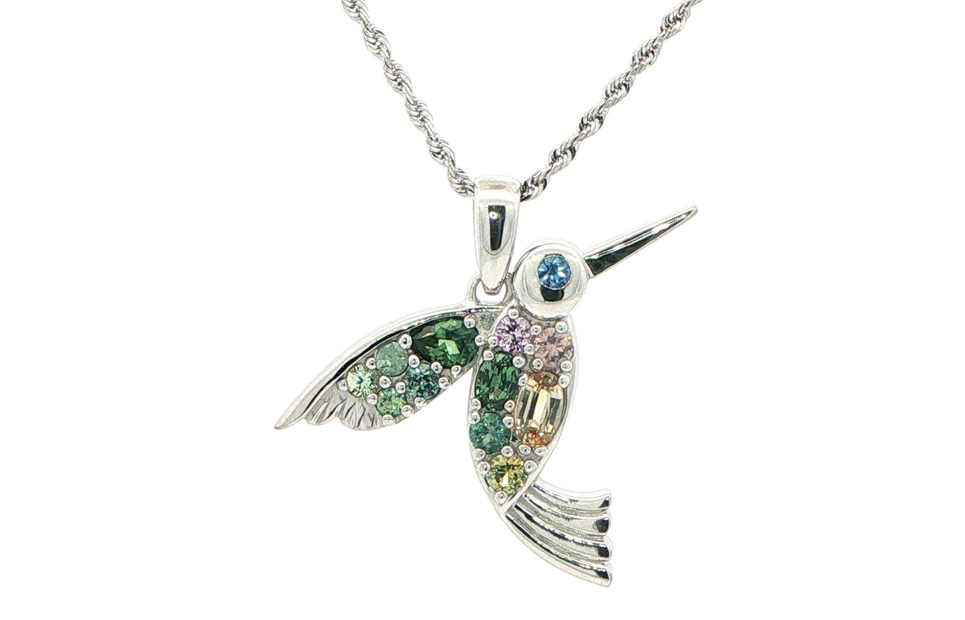 Montana Sapphire Hummingbird Necklace in White Gold (1.34cts TWT)