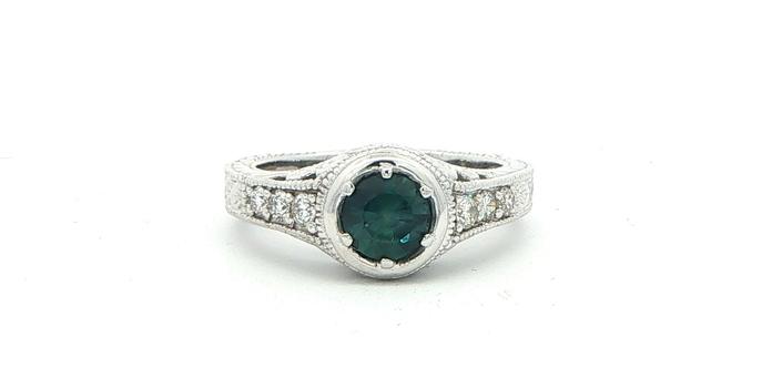 content/products/Estate Piece: Deep Blue Montana Sapphire and Diamond Ring with Hand Engraved Details in White Gold (1.20cts TWT)