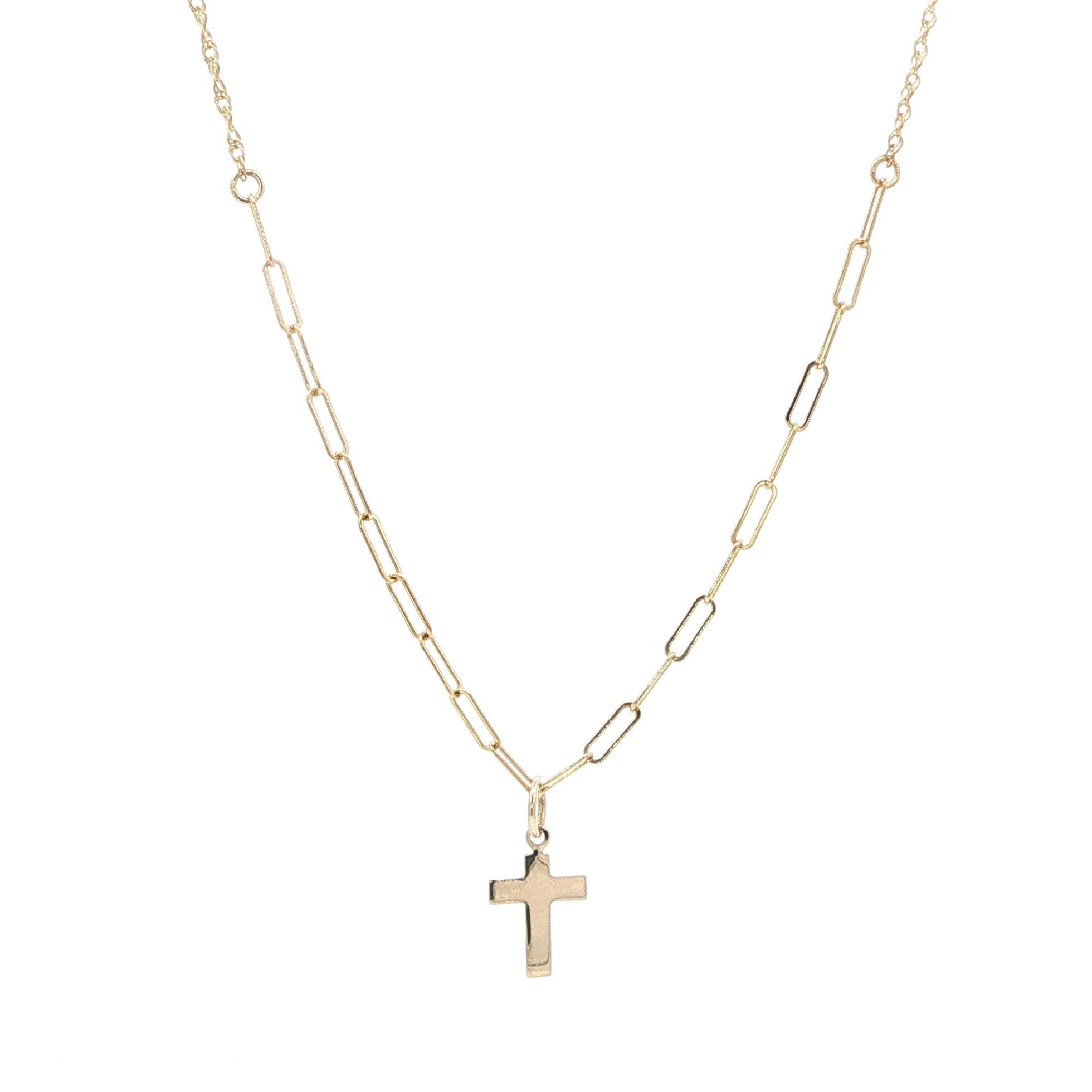 Cross Pendant on Mixed Paperclip Chain Necklace in Yellow Gold