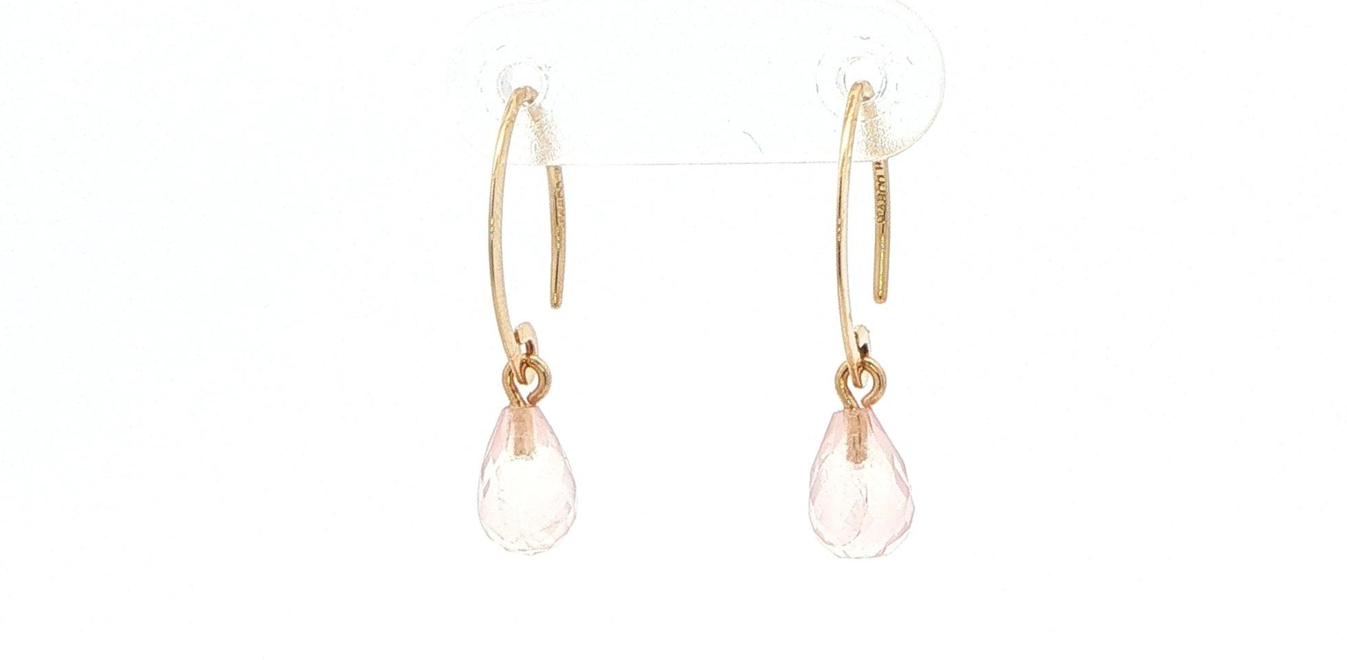 Rose Quartz Briolette Drop Earrings in Yellow Gold