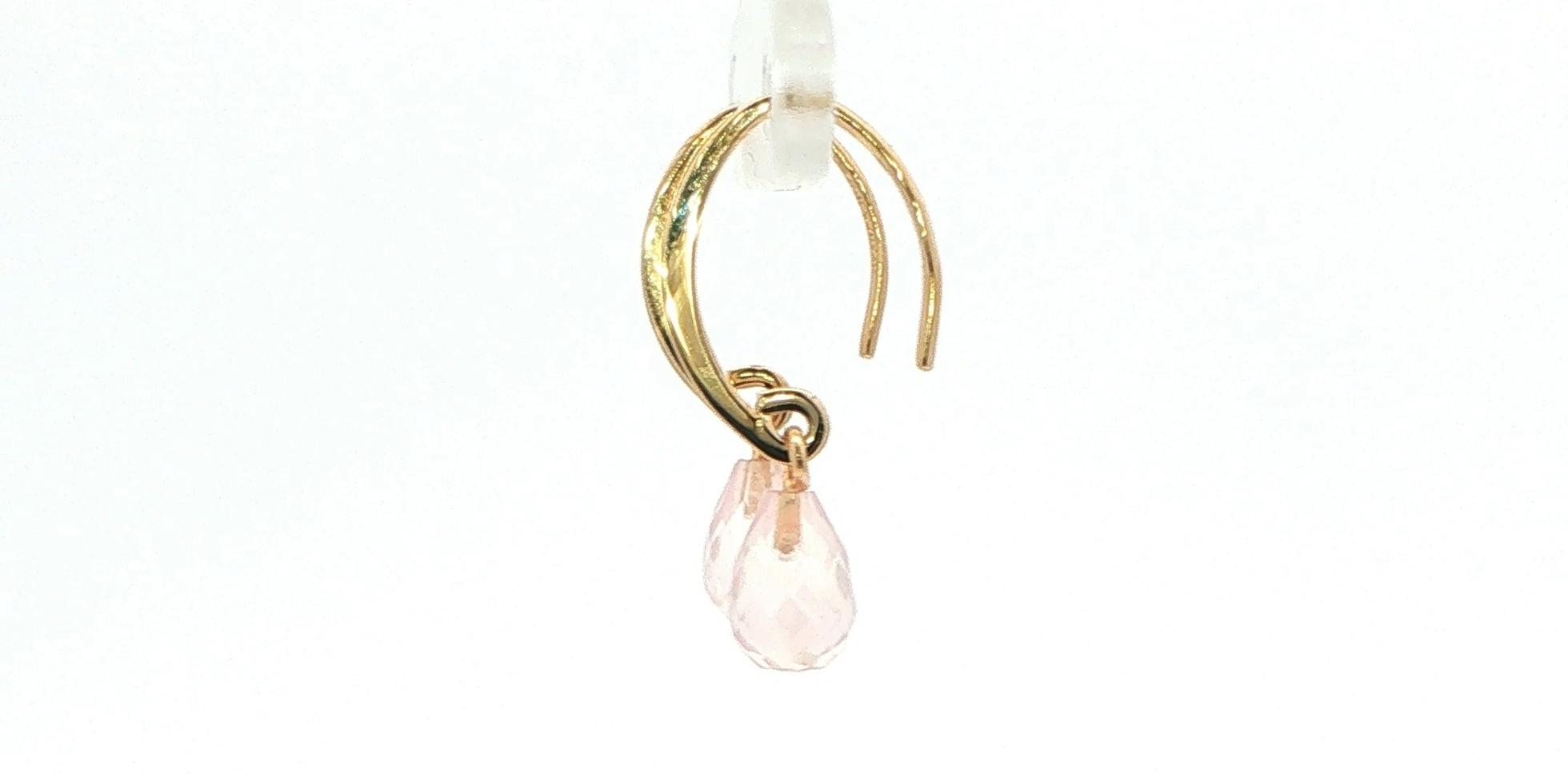 Rose Quartz Briolette Drop Earrings in Yellow Gold side