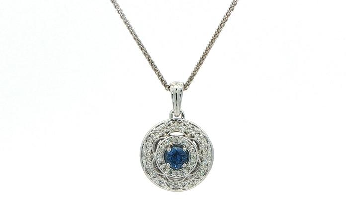 content/products/Estate Piece: Vintage-Inspired Montana Yogo Sapphire and Diamond Double Halo Necklace in White Gold (0.55cts TWT)