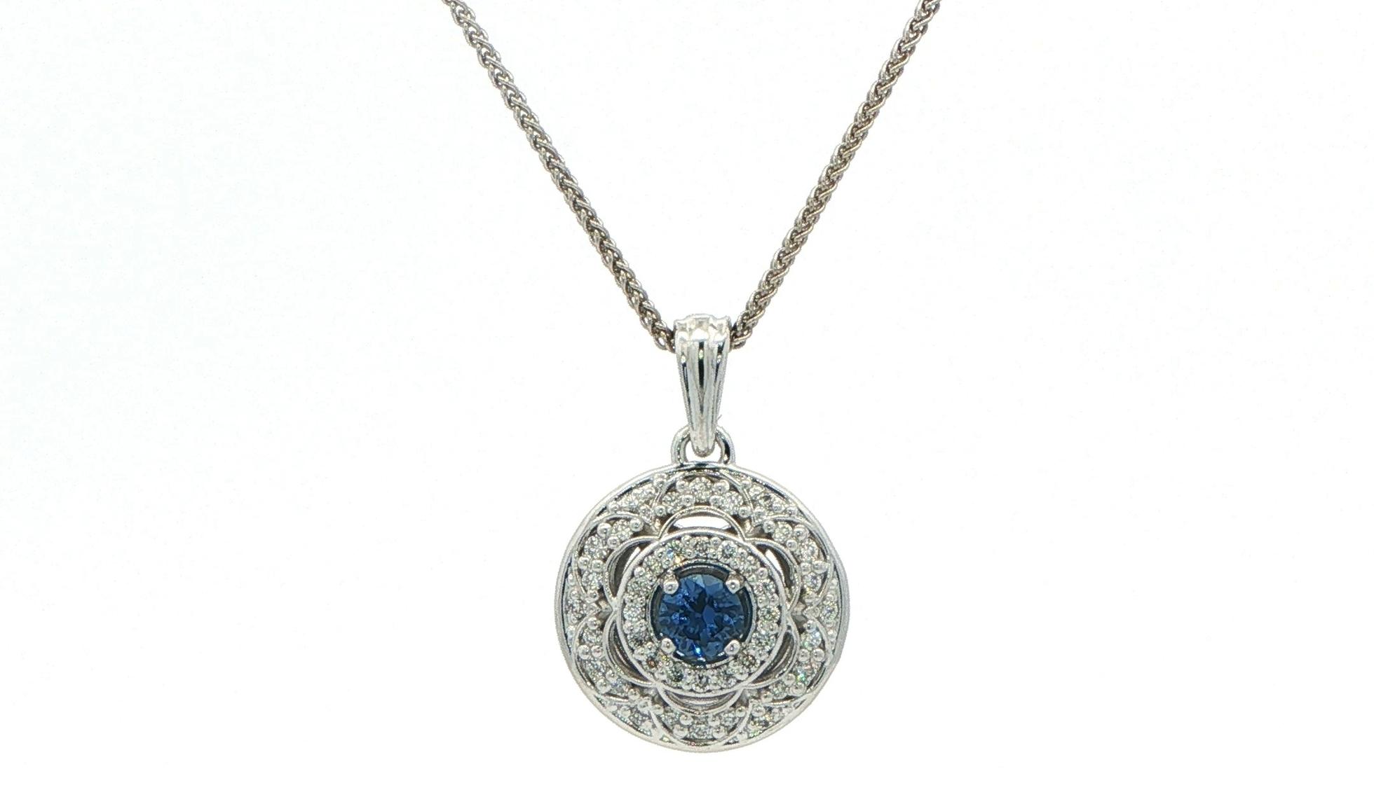 Estate Piece: Vintage-Inspired Montana Yogo Sapphire and Diamond Double Halo Necklace in White Gold (0.55cts TWT)