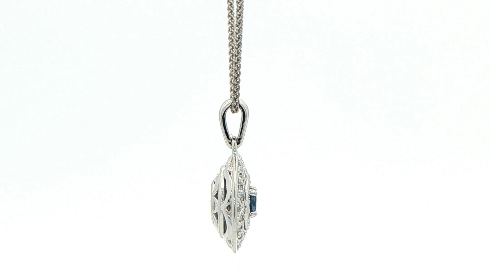 Estate Piece: Vintage-Inspired Montana Yogo Sapphire and Diamond Double Halo Necklace in White Gold (0.55cts TWT) side