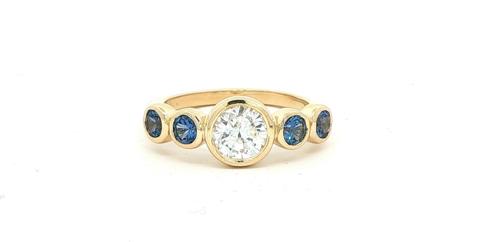 5-Stone Bezel-Set Diamond and Montana Yogo Sapphire Ring in Yellow Gold (1.53cts TWT)
