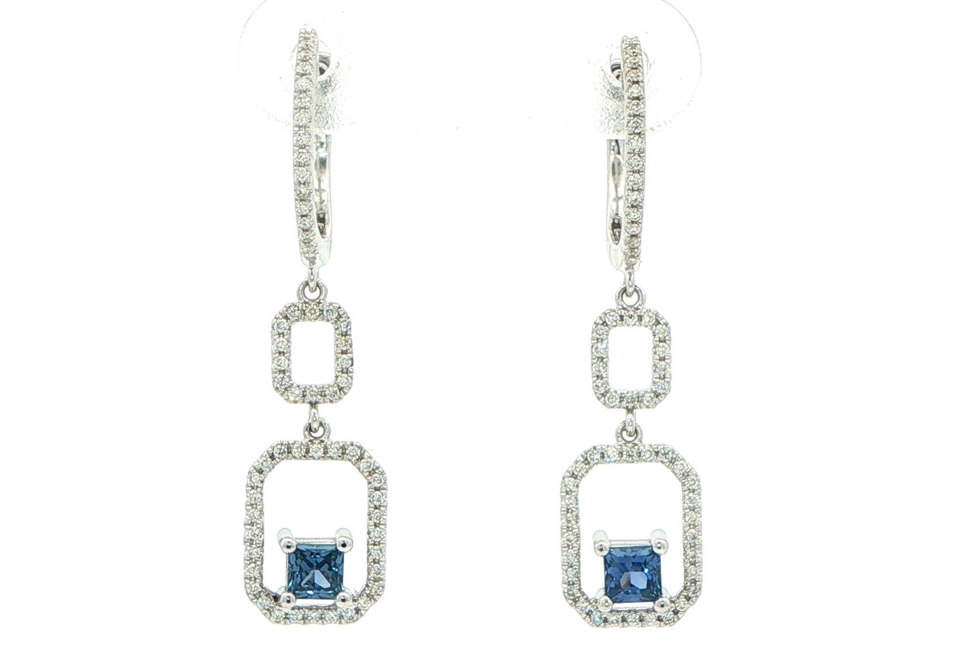 Geometric Montana Yogo Sapphire and Diamond Drop Earrings in White Gold (0.47cts TWT)