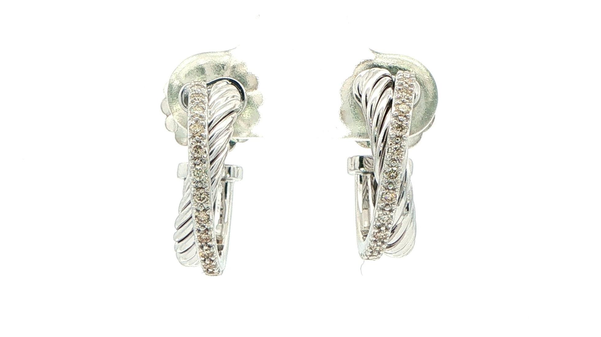 Estate Piece: David Yurman Diamond Crossover Twisted Cable Hoop Earrings in Sterling Silver