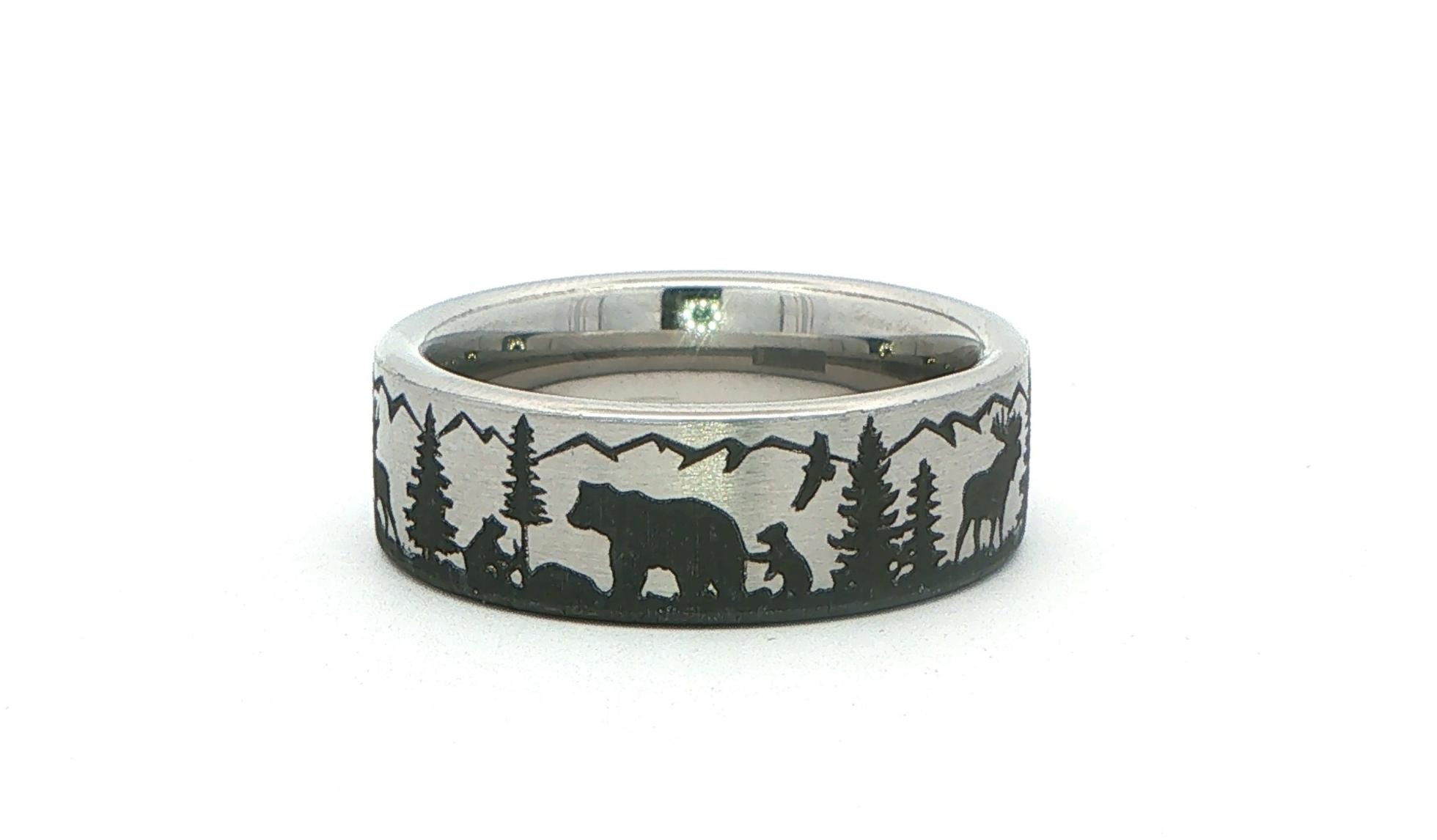 Flat Comfort Fit Band Ring with Forest Scene Laser Engraved in Serinium