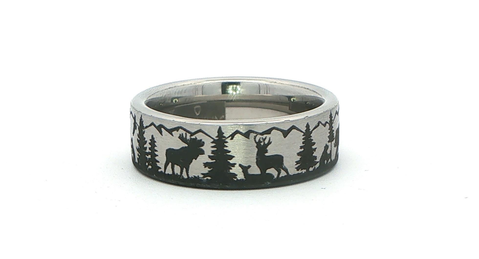 Flat Comfort Fit Band Ring with Forest Scene Laser Engraved in Serinium side
