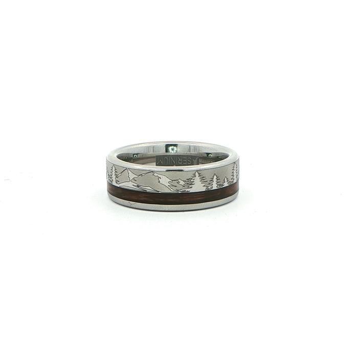 content/products/Flat Comfort Fit Bourbon Barrel Wood Inlay Band Ring with Laser Engraved Mountains and Trees in Serinium