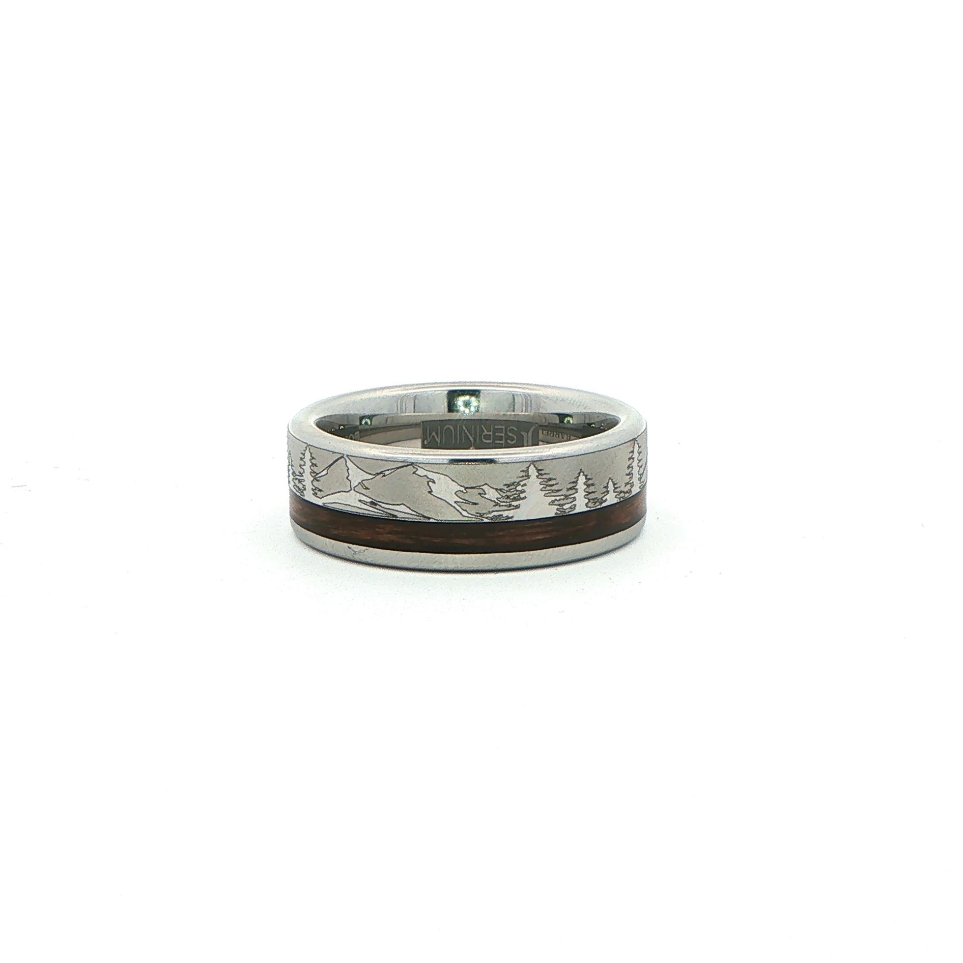 Flat Comfort Fit Bourbon Barrel Wood Inlay Band Ring with Laser Engraved Mountains and Trees in Serinium