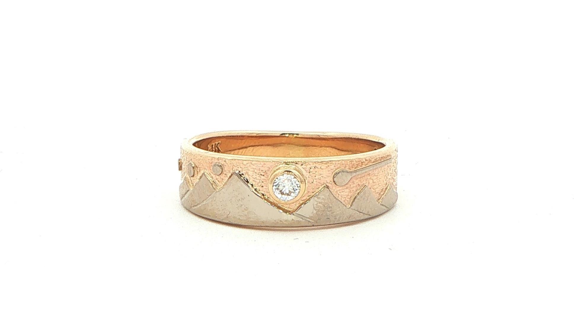 Estate Piece: Mountain Landscape Diamond Band Ring Two-Tone Yellow and White Gold (0.10cts)