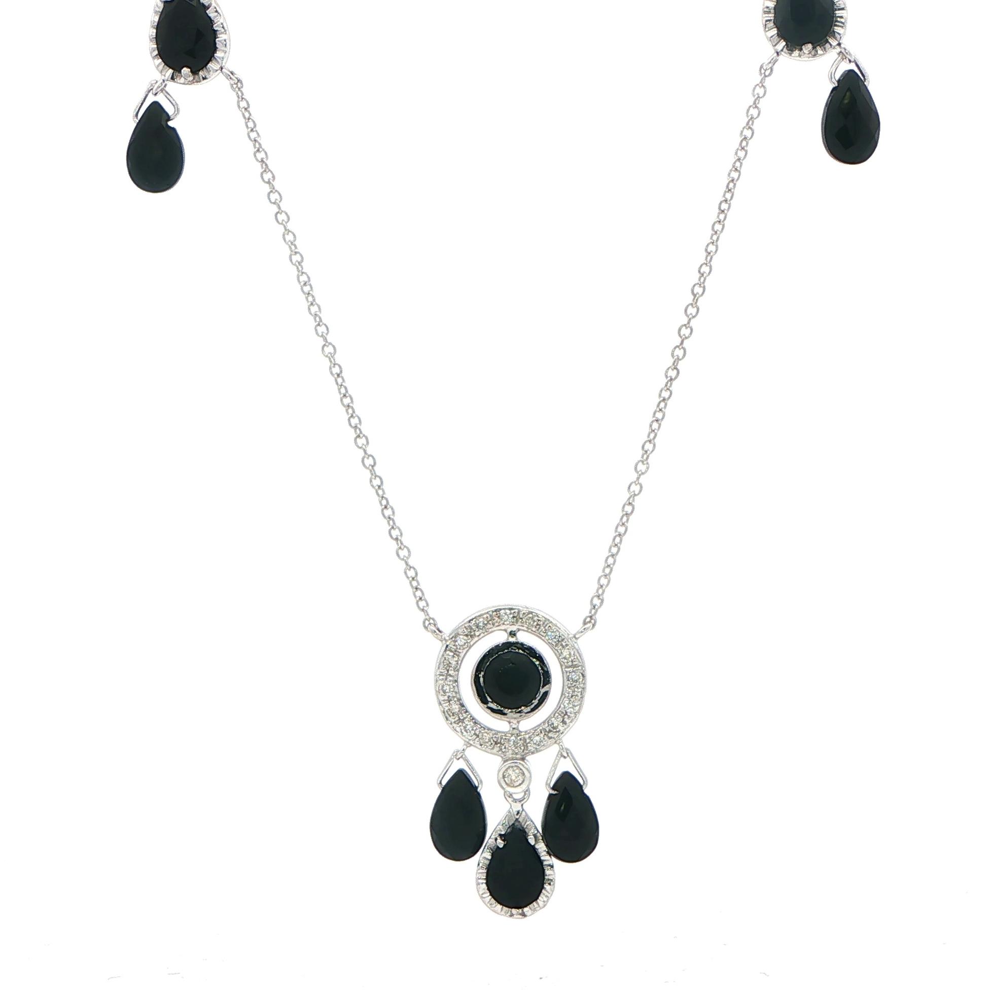 Estate Piece: Black Onyx Dangle and Diamond Station Necklace in White Gold (0.15cts TWT)