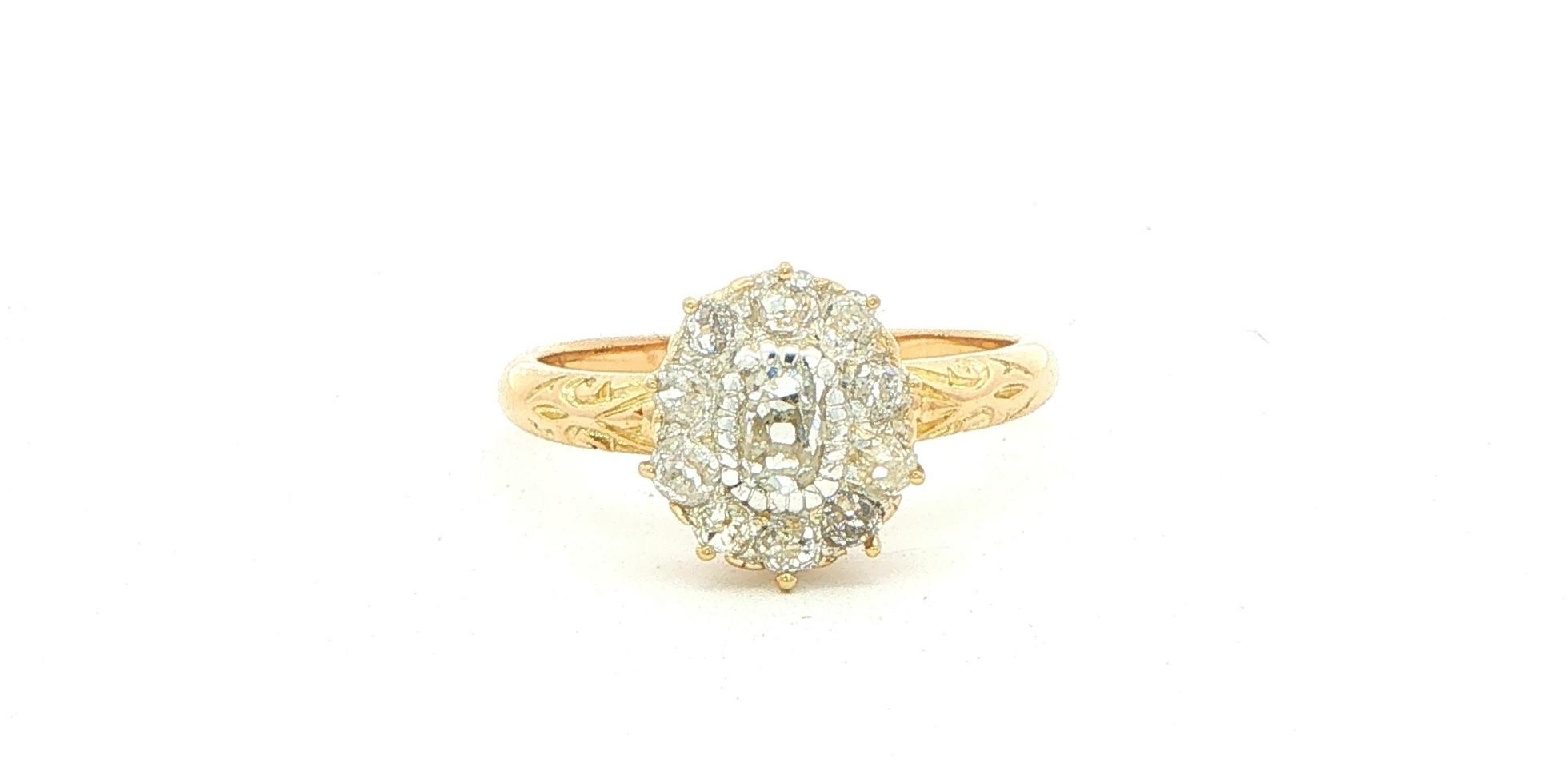 Estate Piece: Vintage Diamond Cluster Ring with Engraved Details in Yellow Gold (0.75cts TWT)