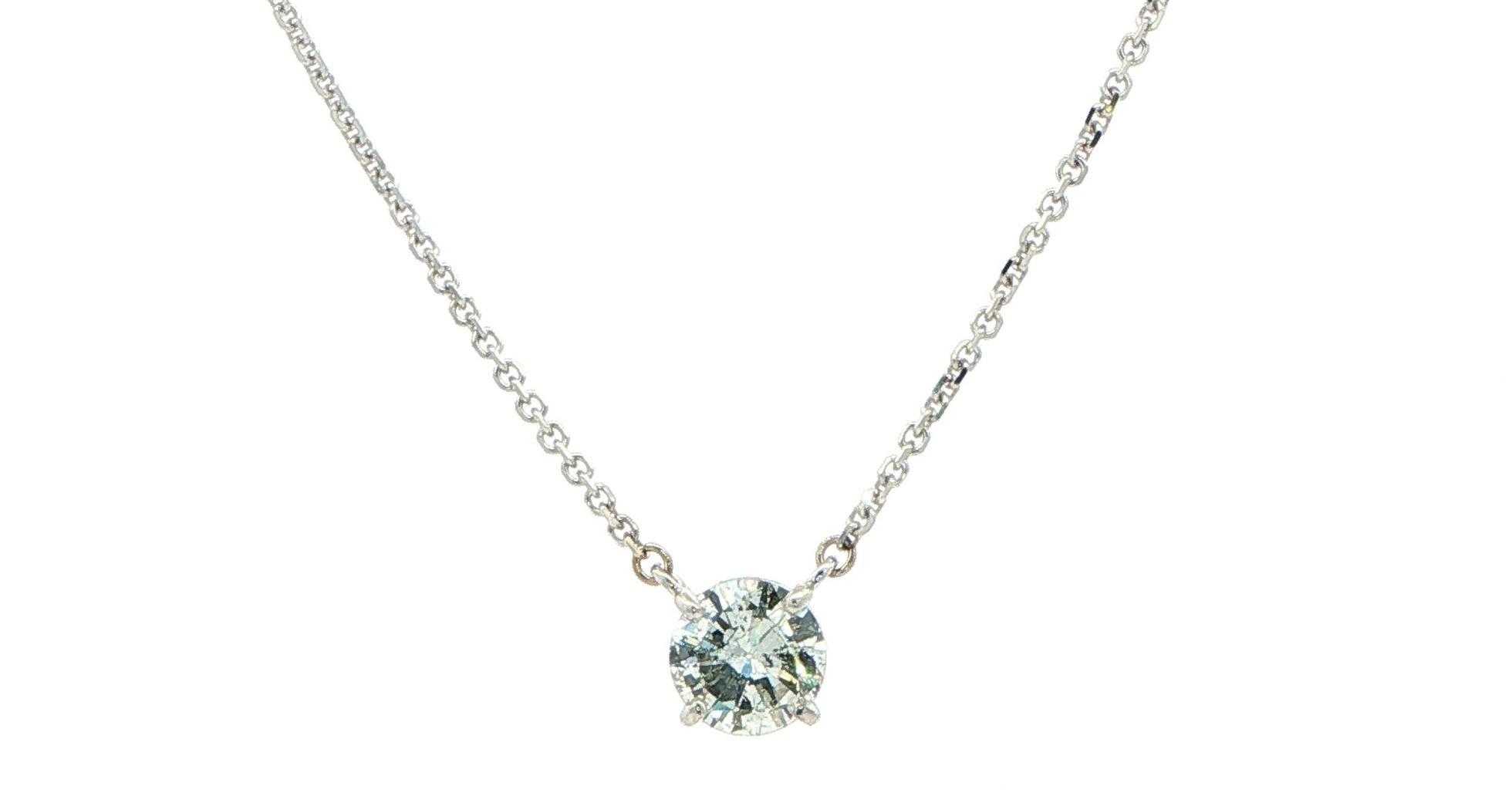 Diamond Solitaire Pendant Necklace on Split Chain in White Gold (1.05ct)