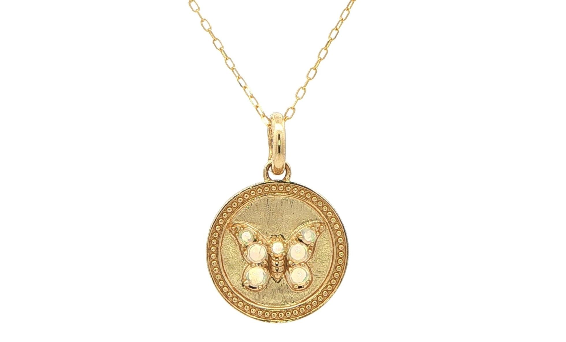Opal Butterfly Medallion Charm Necklace in Yellow Gold (.16cts TWT)