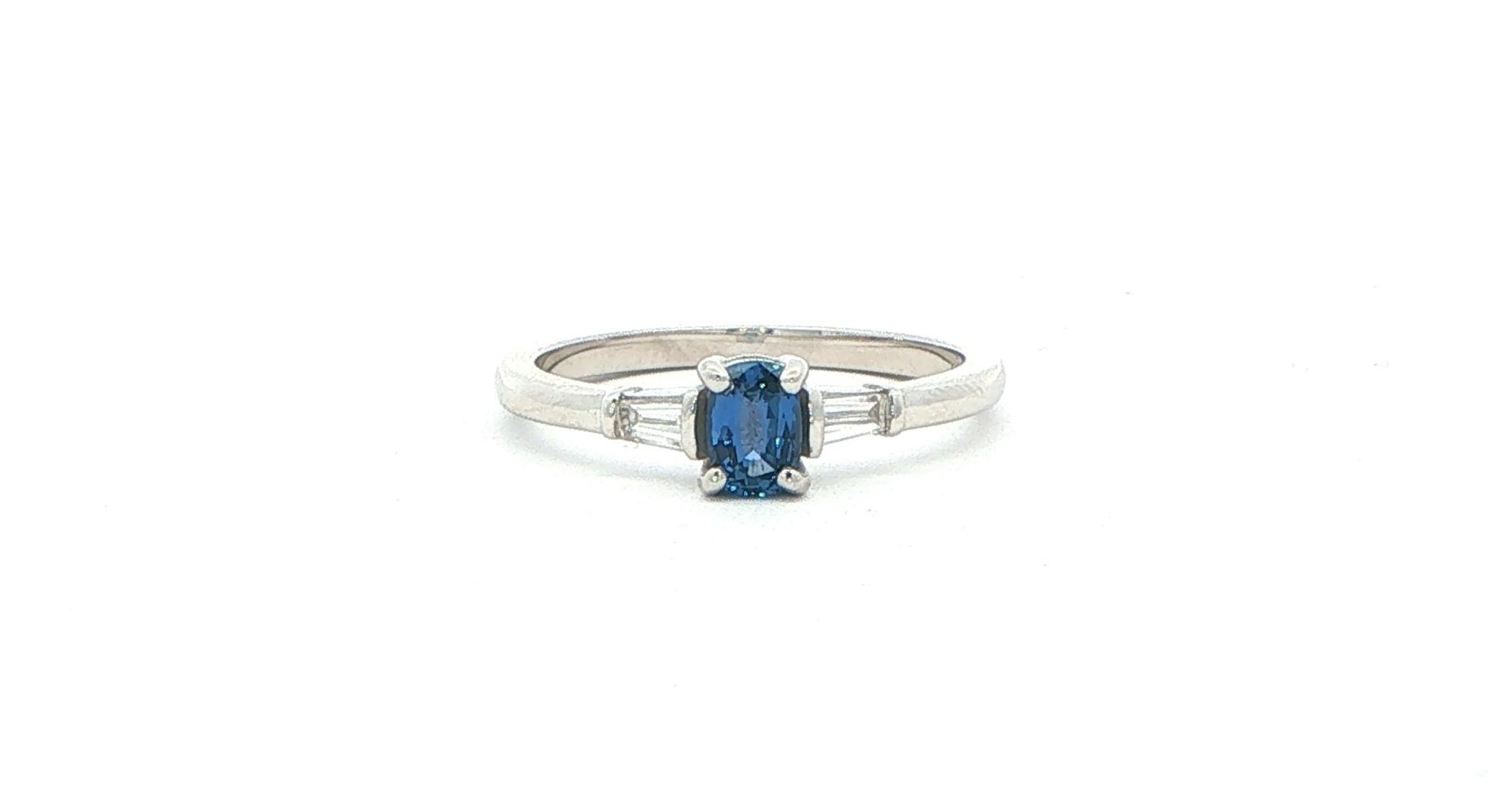 Cushion-cut Montana Yogo Sapphire and Tapered Baguette Diamond Three-Stone Ring in White Gold (0.56cts TWT)