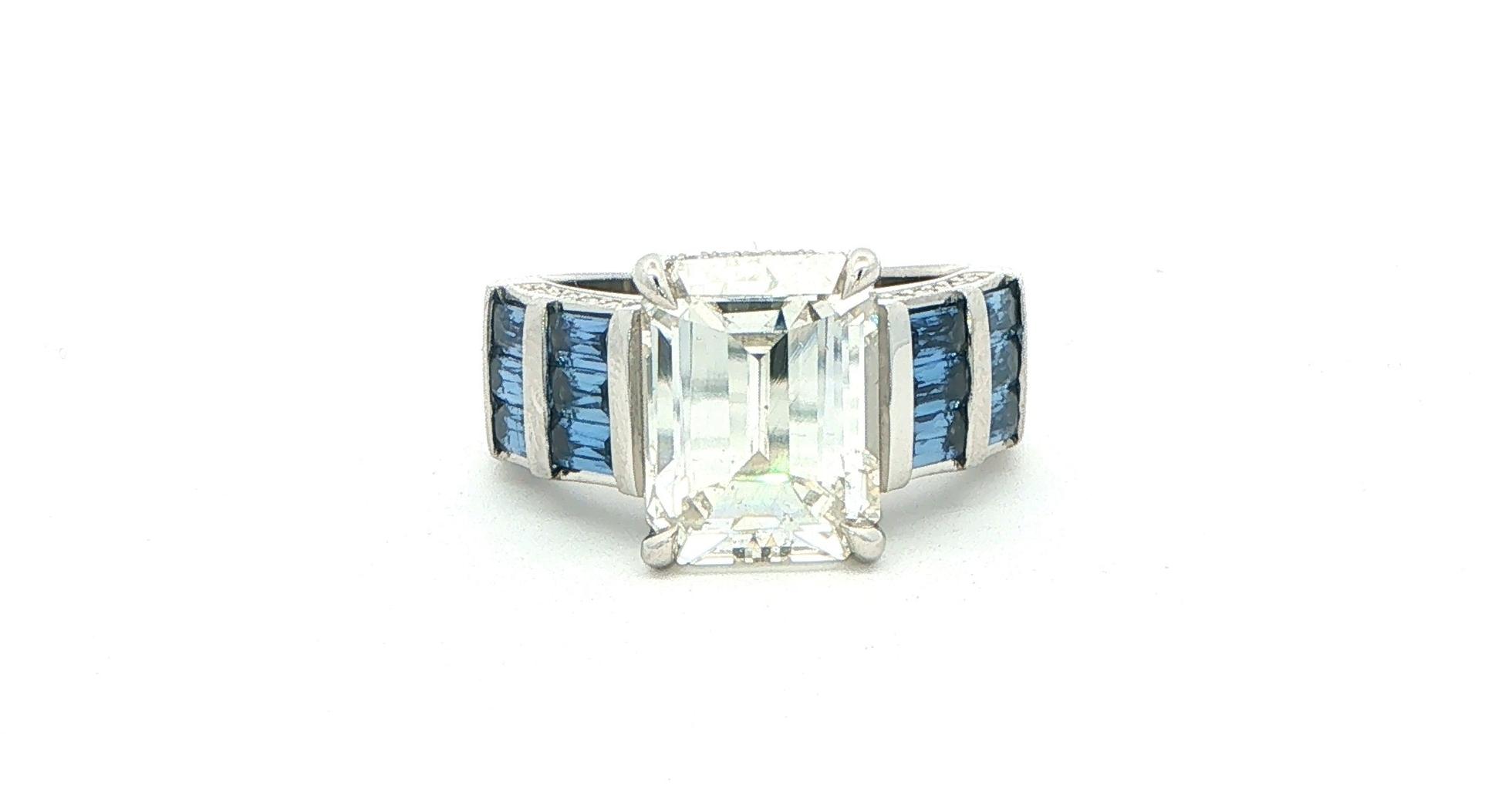 Emerald Cut Diamond Ring with Baguette-cut Montana Yogo Sapphires and Diamond Accents in Platinum (6.83cts TWT)