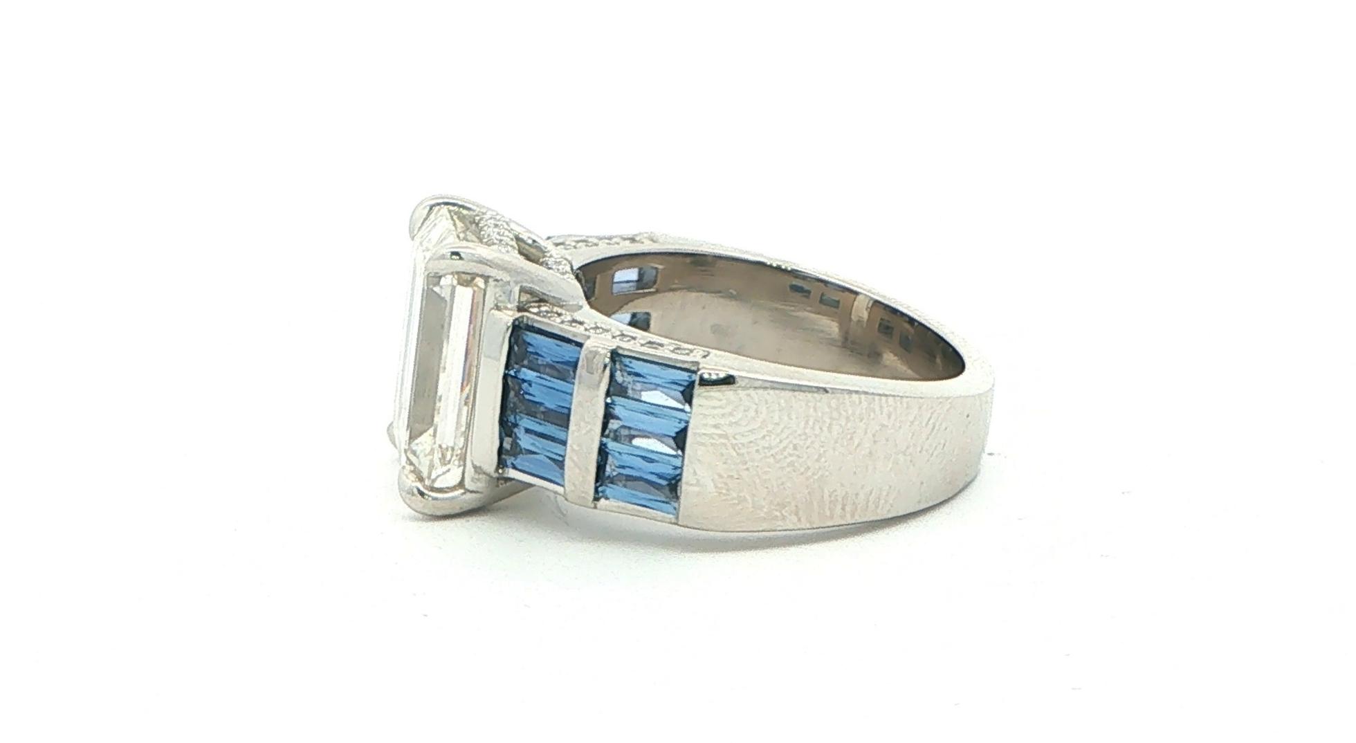 Emerald Cut Diamond Ring with Baguette-cut Montana Yogo Sapphires and Diamond Accents in Platinum (6.83cts TWT) side