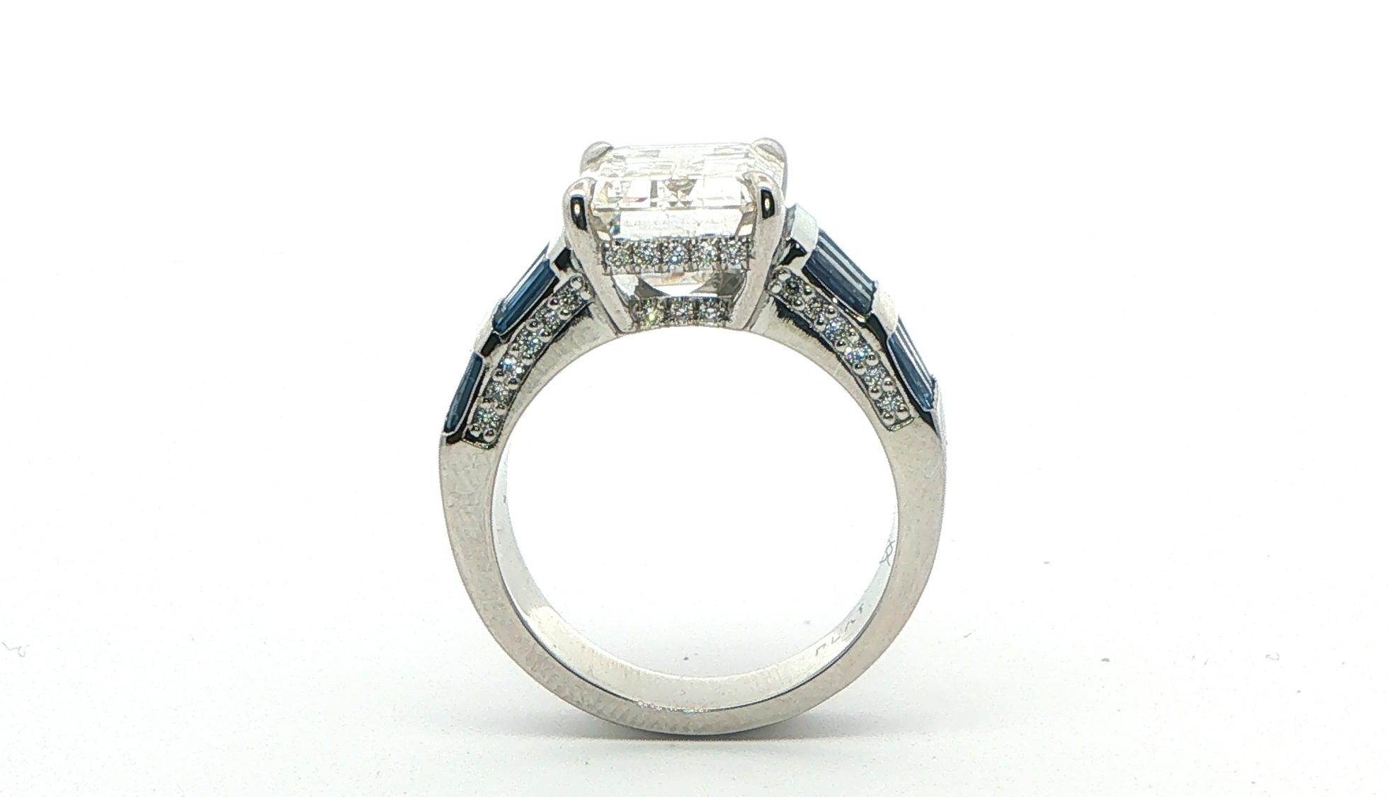 Emerald Cut Diamond Ring with Baguette-cut Montana Yogo Sapphires and Diamond Accents in Platinum (6.83cts TWT) undercarriage
