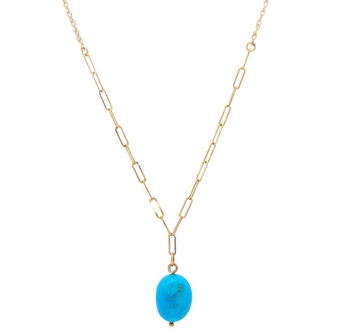 content/products/Turquoise Drop Pendant Necklace on Paperclip Chain in Yellow Gold