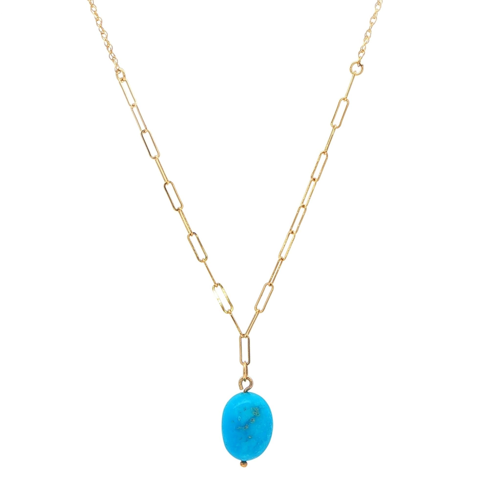 Turquoise Drop Pendant Necklace on Paperclip Chain in Yellow Gold