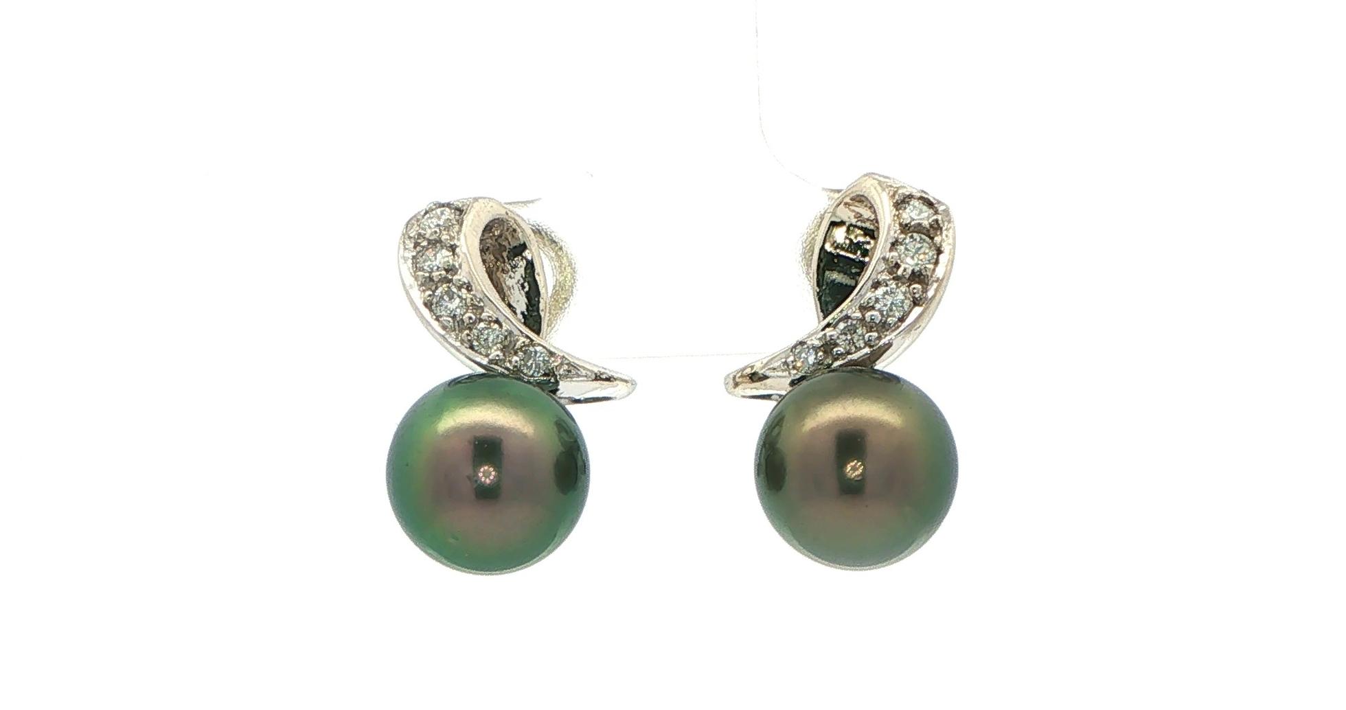 Estate Piece: Tahitian Pearl Drop Earrings with Sweeping Diamond Accents in White Gold (0.25cts TWT)