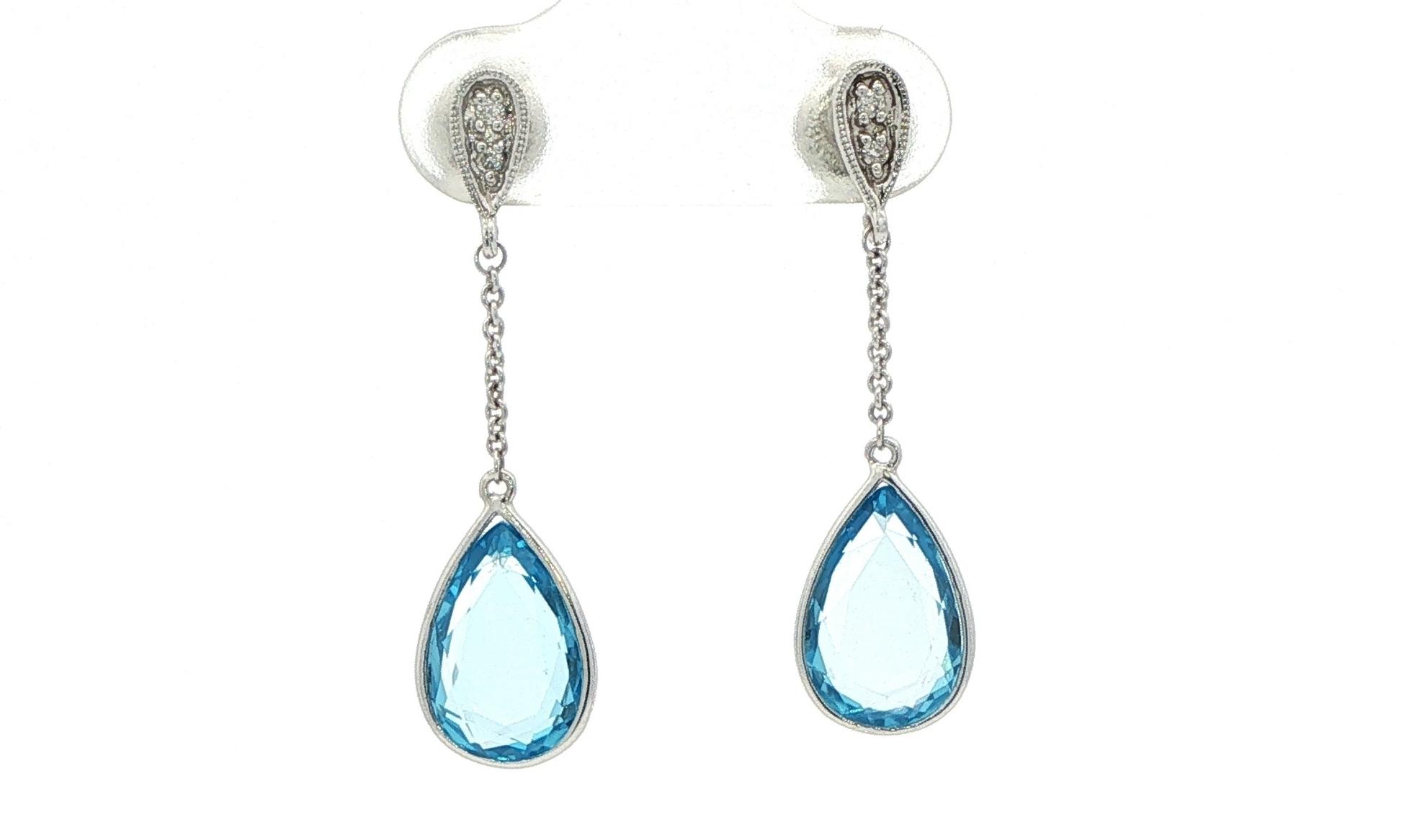 Pear-Shaped Blue Topaz Drop Earrings with Diamond Accent in White Gold