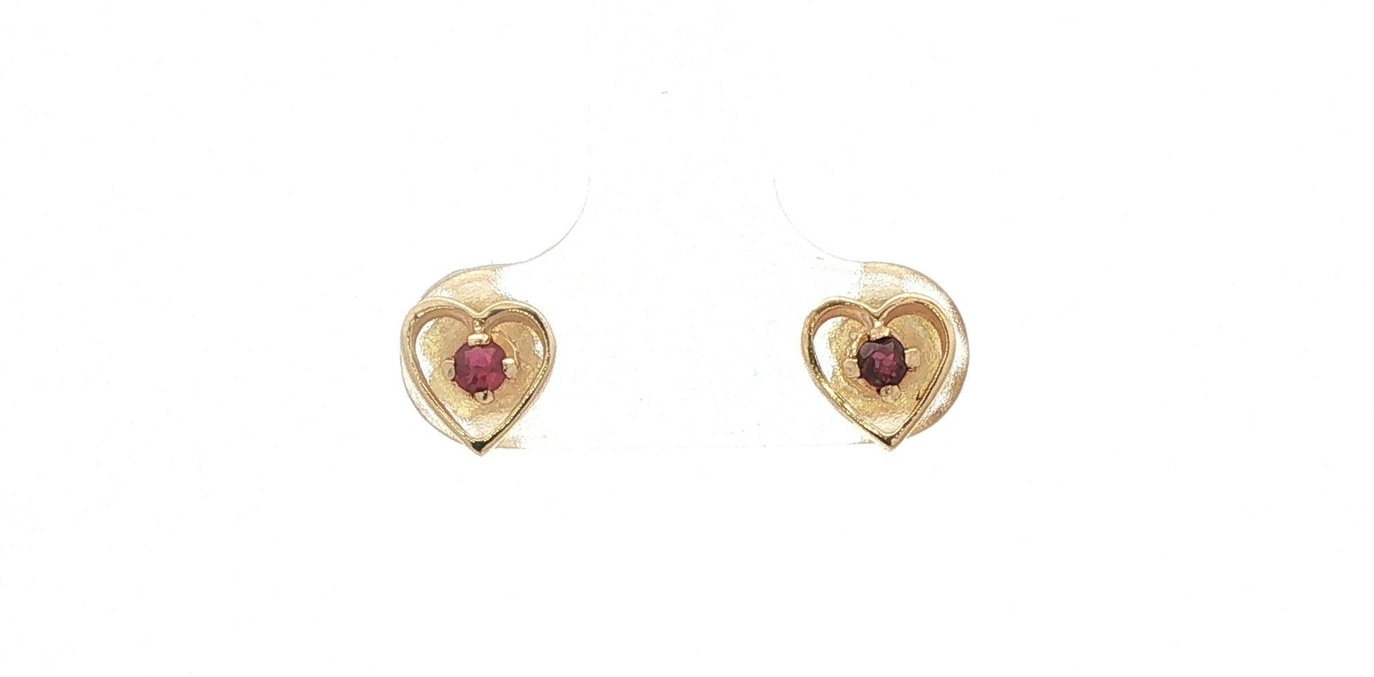 Heart Stud Earrings with Red Rubies in Yellow Gold
