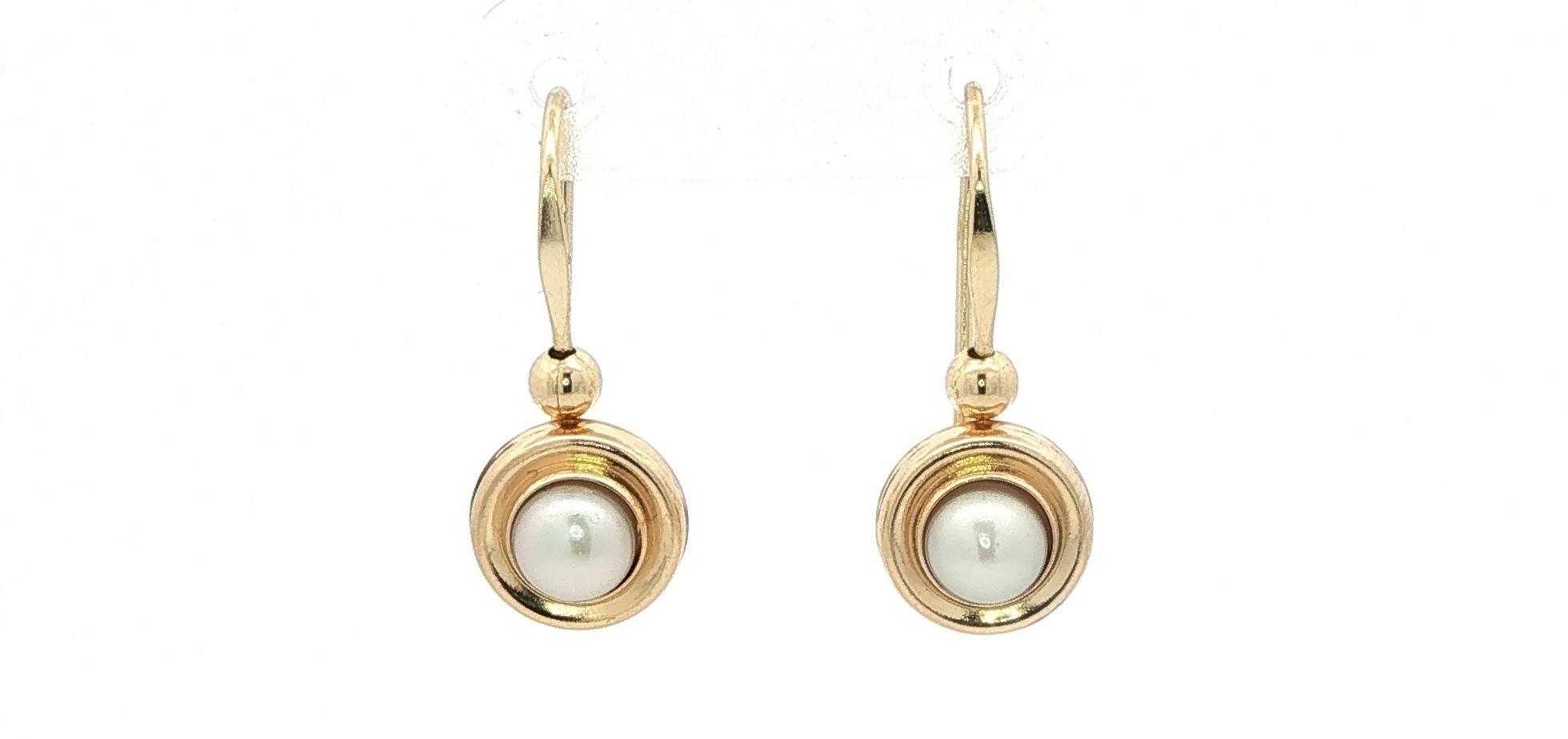 Bezel Set Pearl Drop Earrings with Gold Bead Detail in Yellow Gold