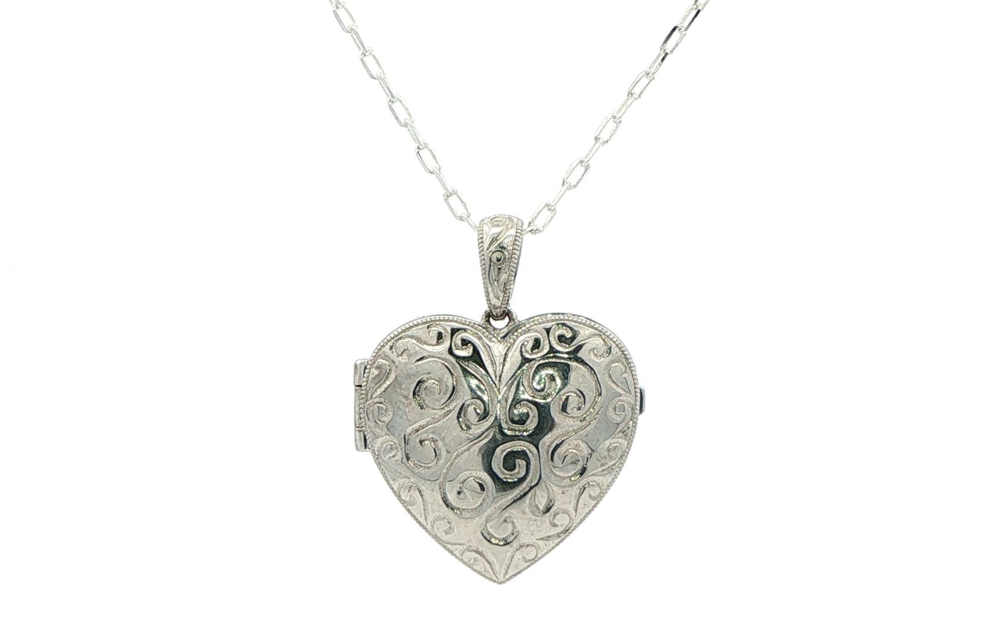 Engraved Scrollwork Heart Locket in Sterling Silver