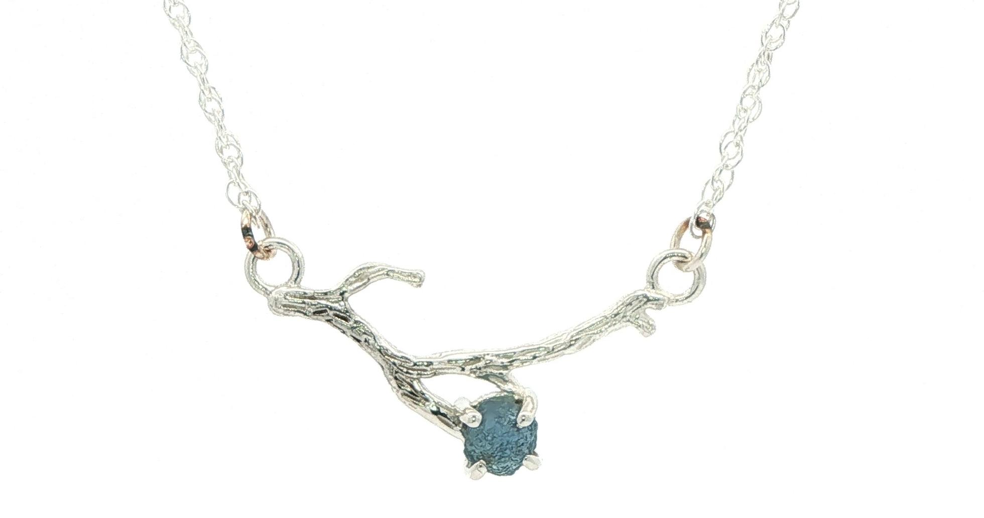 Blue-Green Raw Montana Sapphire Branch Necklace in Sterling Silver