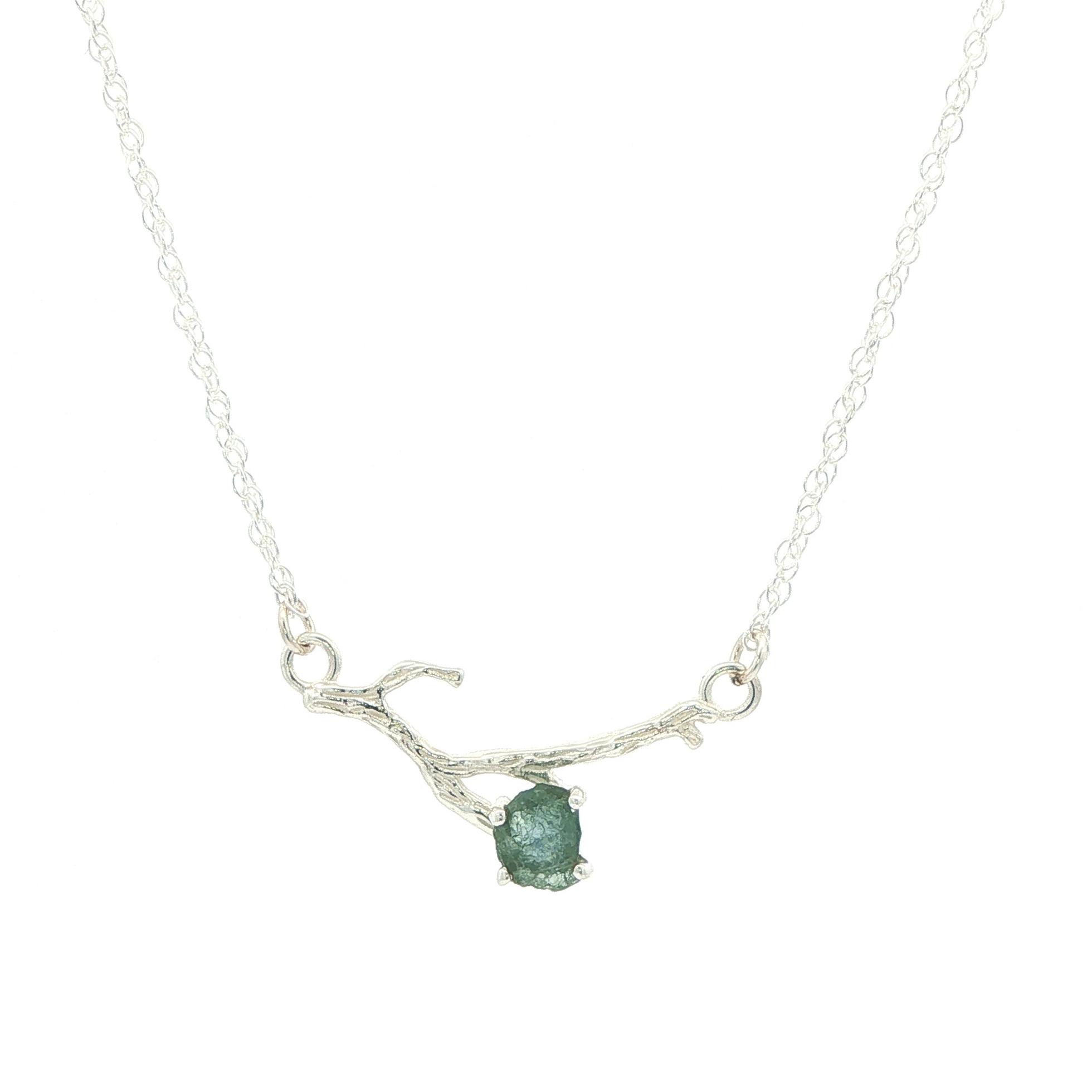 Blue-Green Raw Montana Sapphire Branch Necklace in Sterling Silver